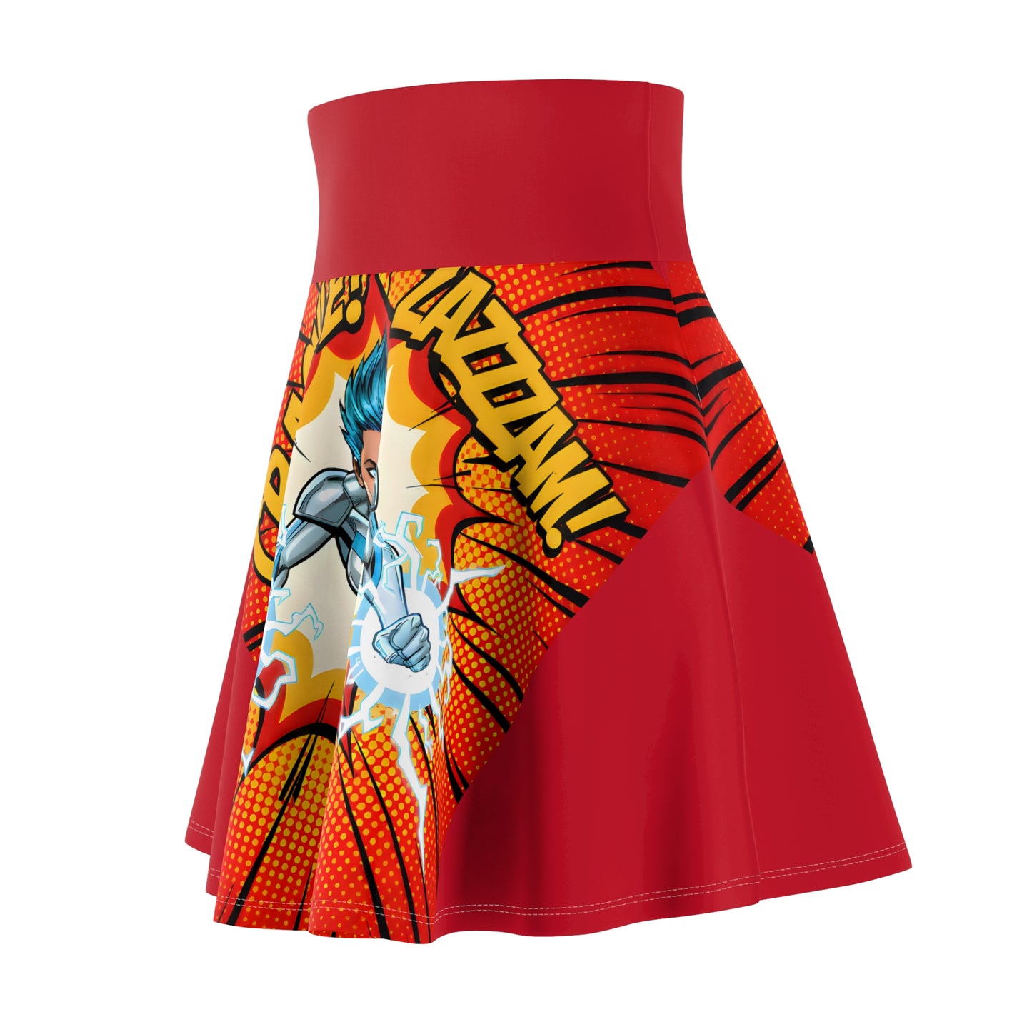 Red skirt with superhero graphic design on a white background