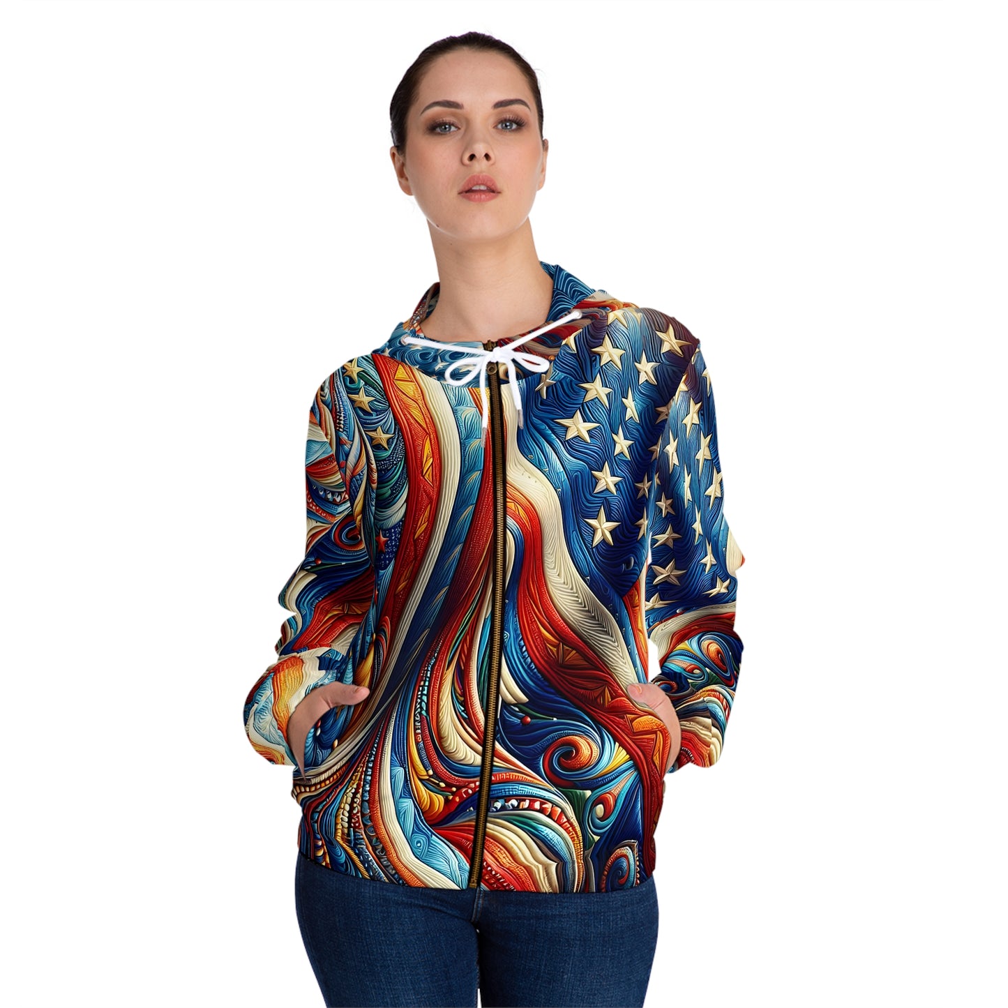 Women’s Patriotic and Surreal USA Flag Full-Zip Hoodie.