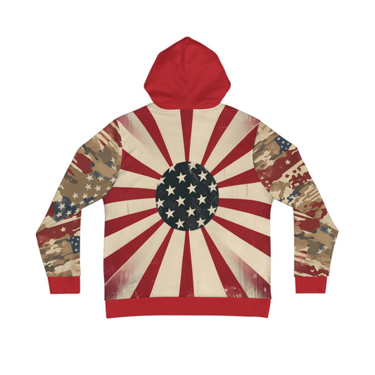 Hoodie with Rising Sun American Flag Design and Camo Sleeves.