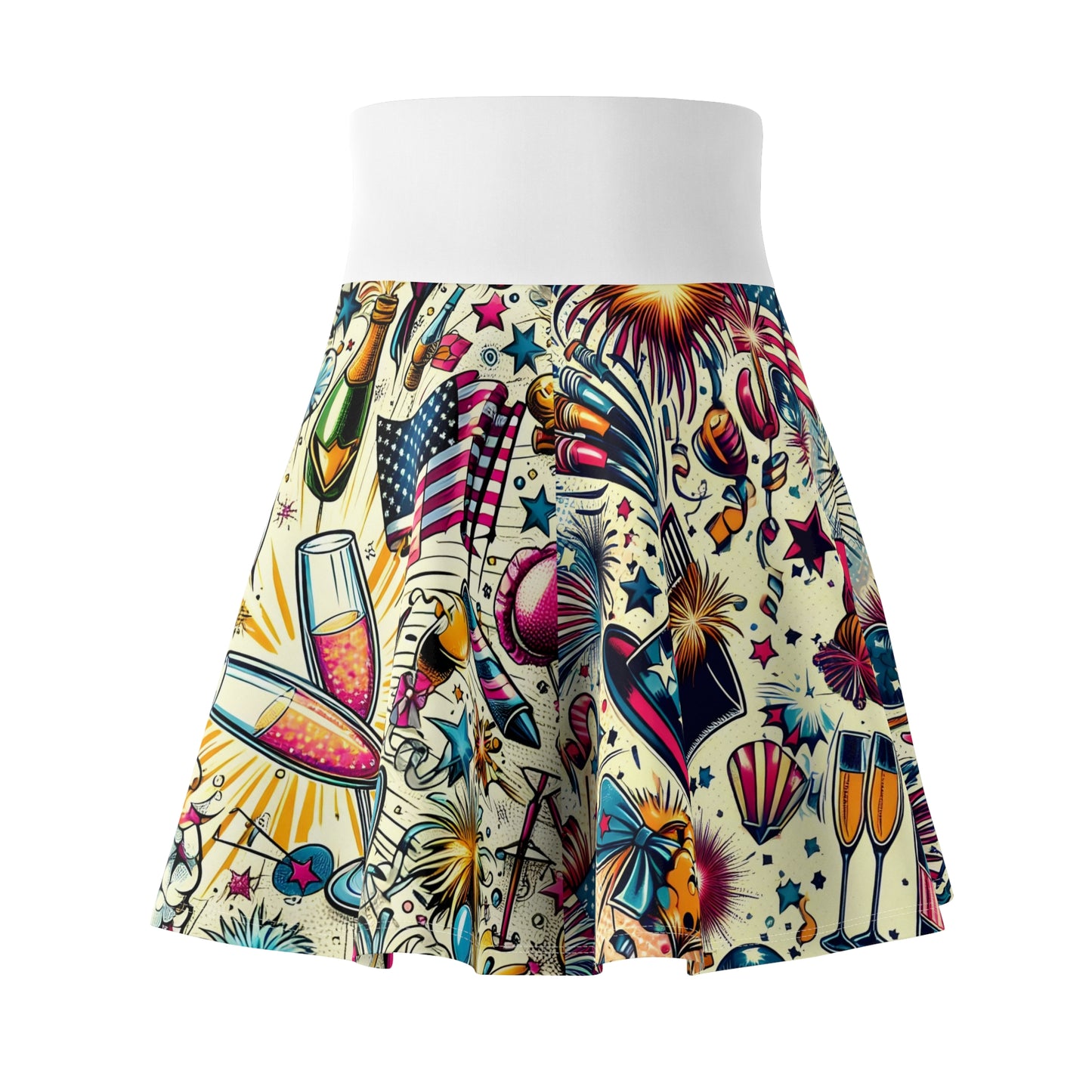 Skirt with colorful pattern design on a white background.Back view