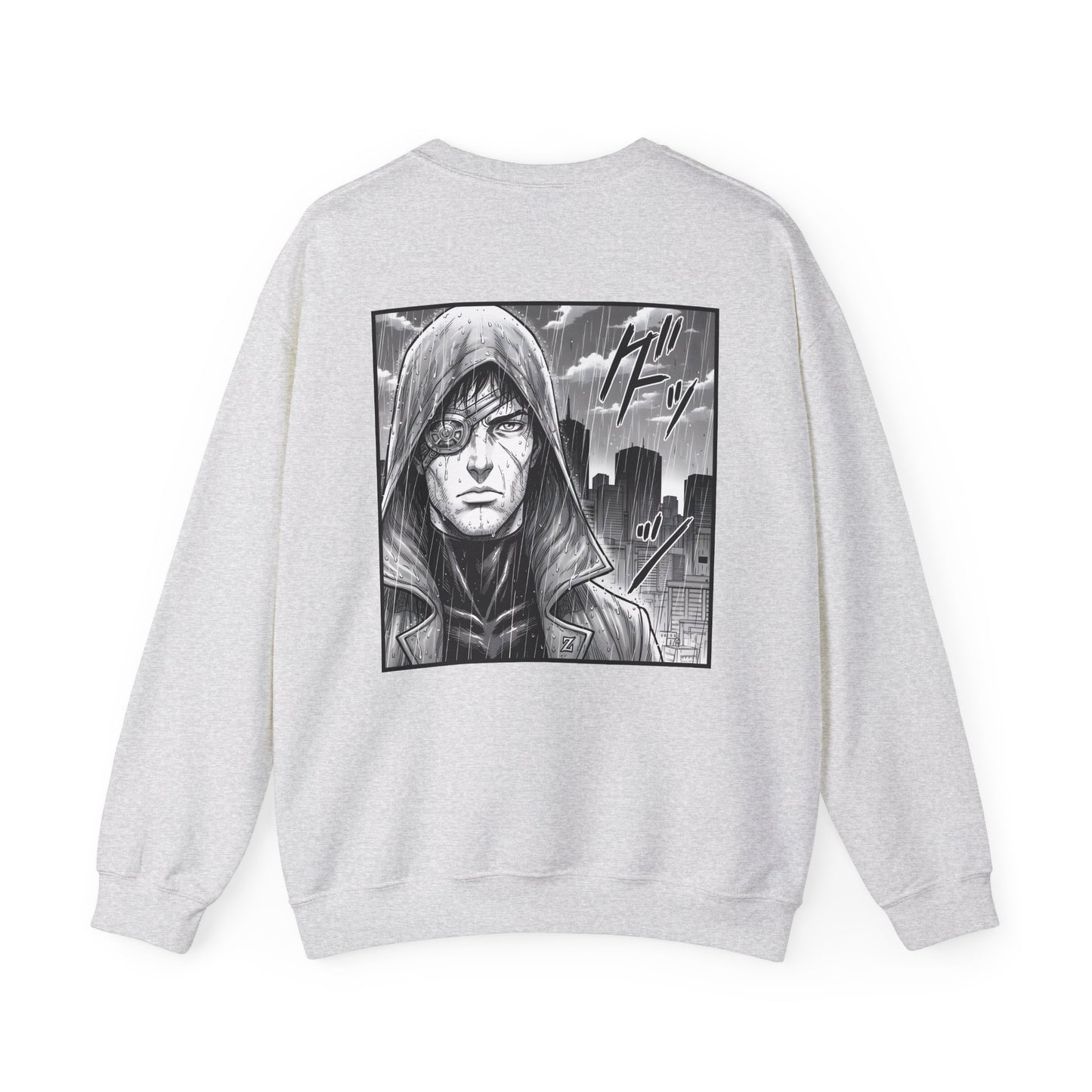 Gray sweatshirt with a noir graphic of a hooded comic book figure on the back against a white background