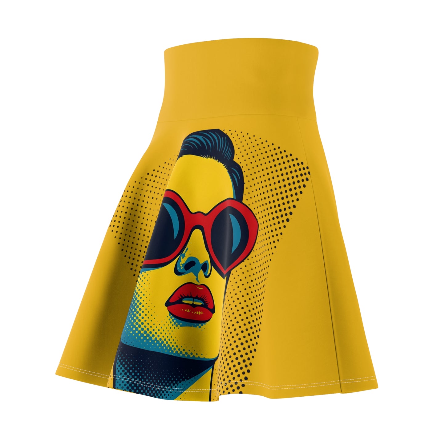Retro pop art skater skirt in yellow - detail of woman graphic-back