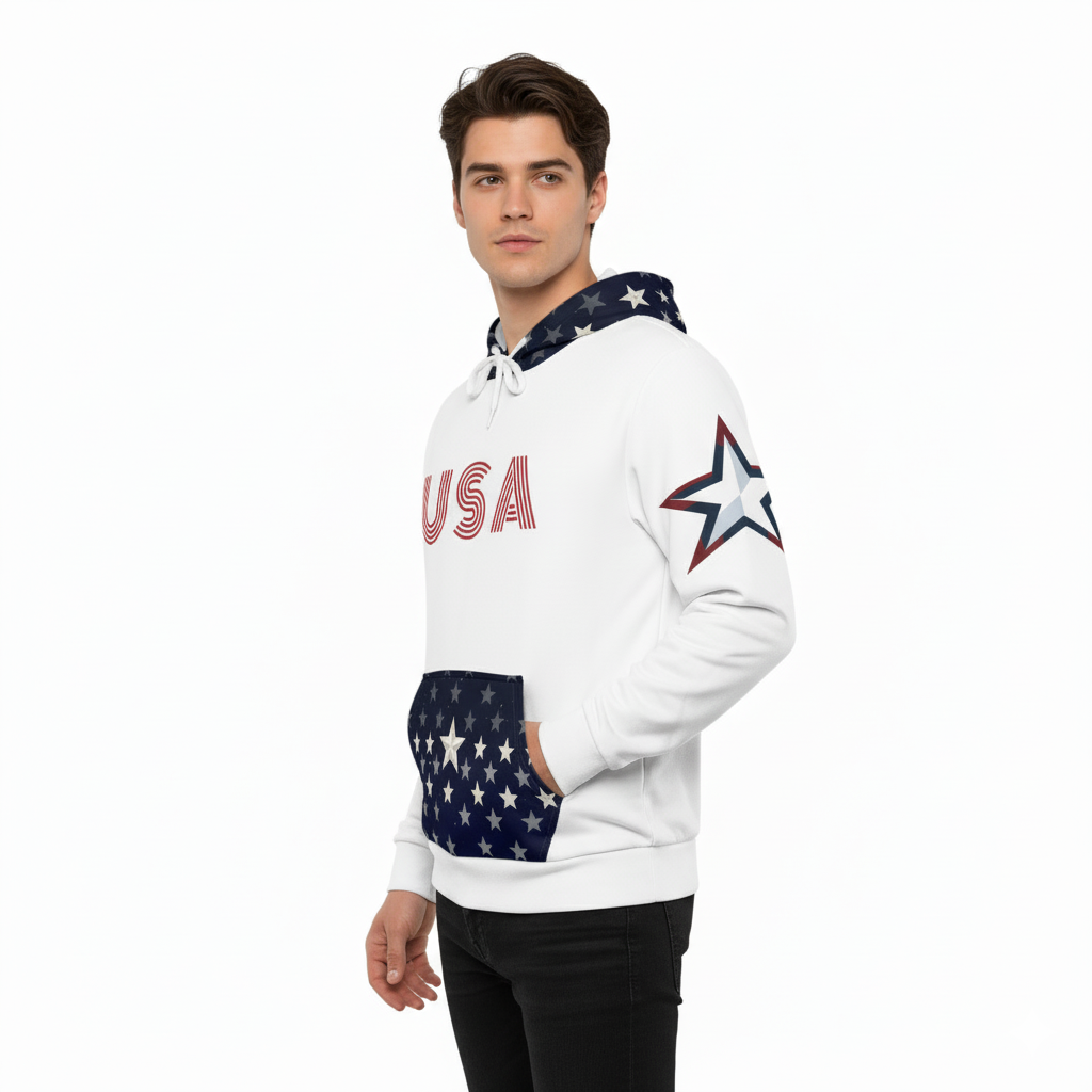 Patriotic Hoodie – USA Proud Nation Design, American Flag & Star Sleeves.