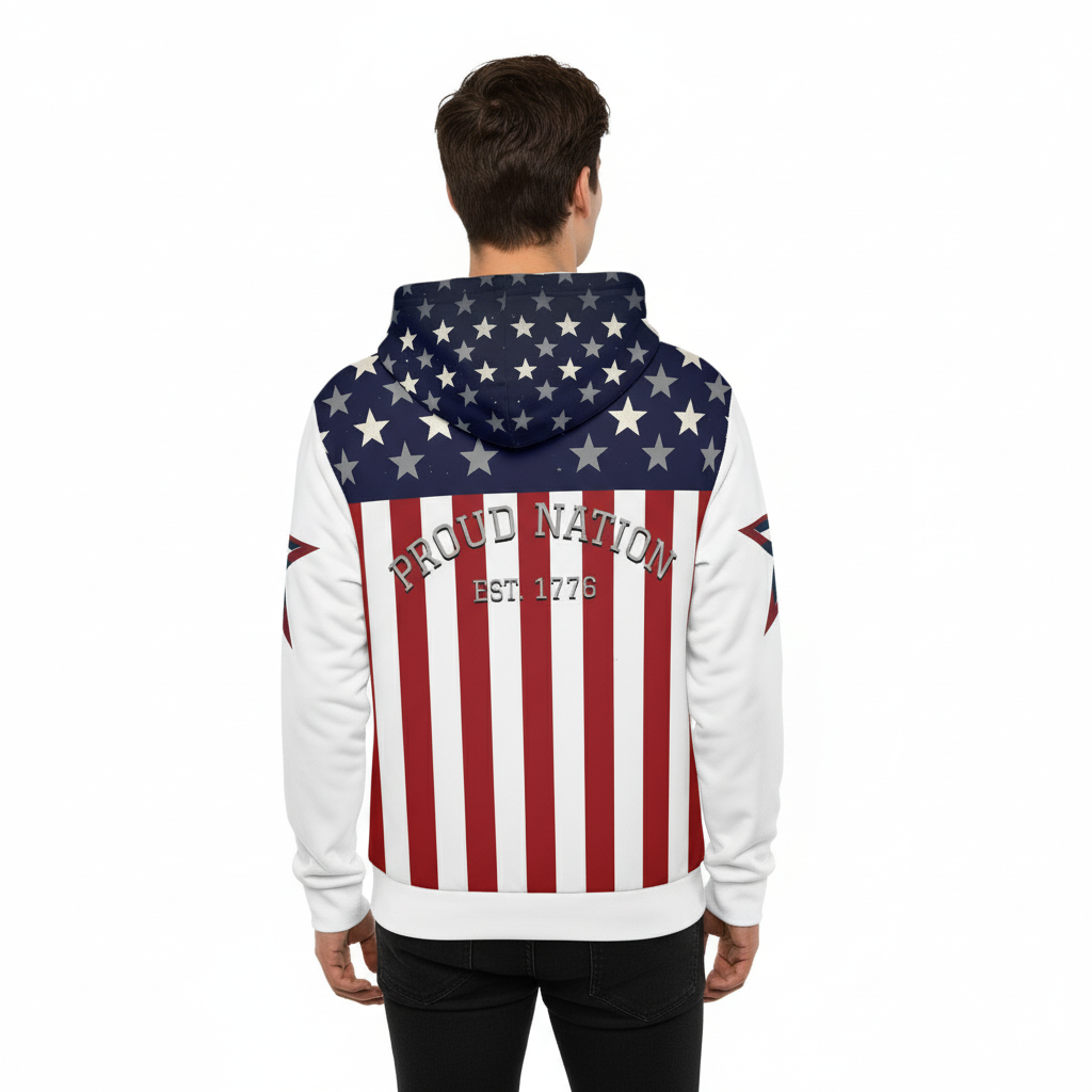 Patriotic Hoodie – USA Proud Nation Design, American Flag & Star Sleeves.
