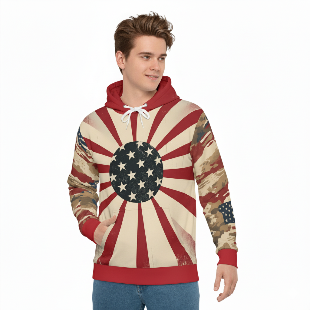 Hoodie with Rising Sun American Flag Design and Camo Sleeves.