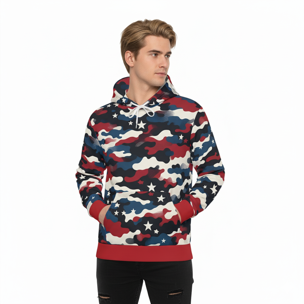 Red, Blue, and White Camouflage Hoodie with Star and 'Defend the Dream' graphic.