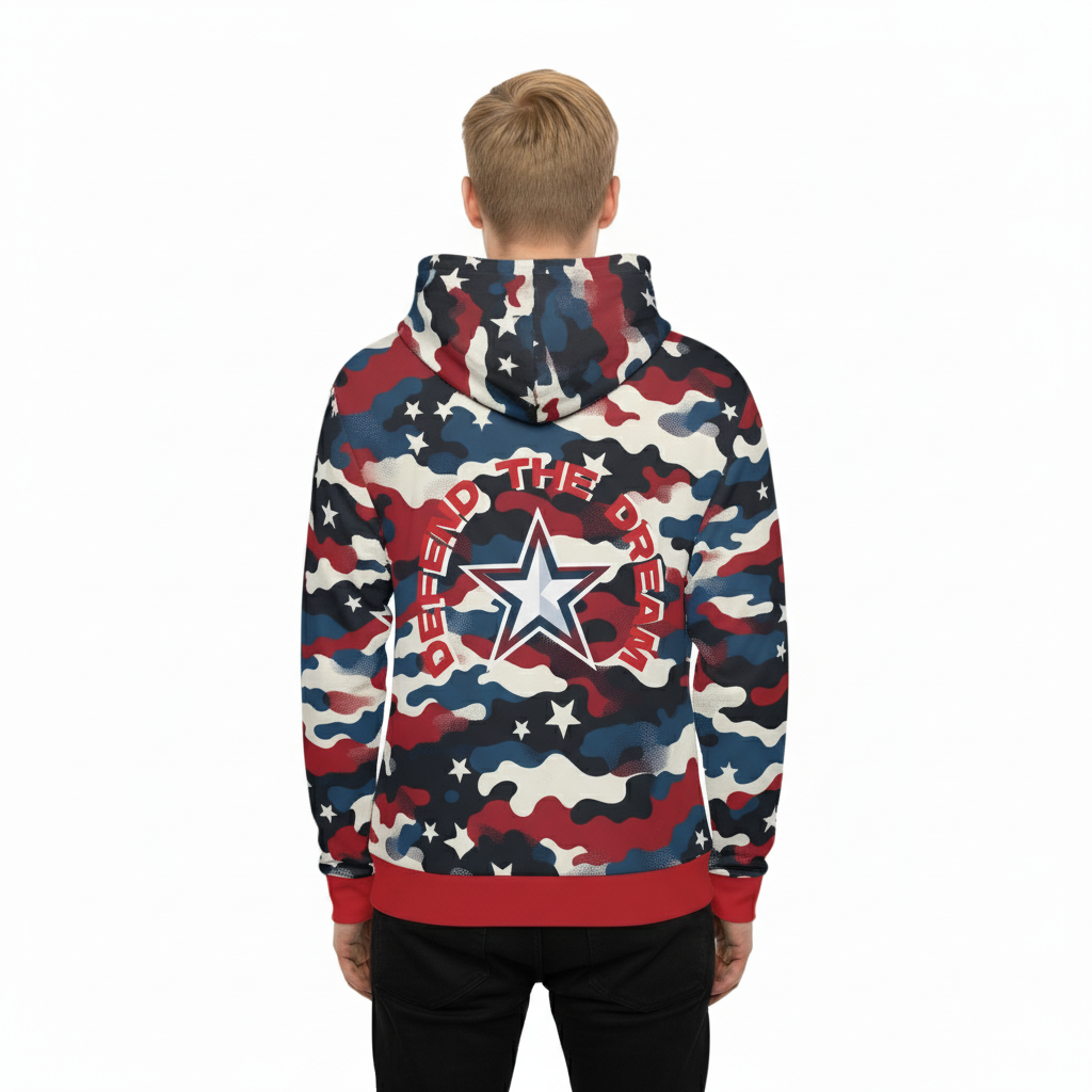 Red, Blue, and White Camouflage Hoodie with Star and 'Defend the Dream' graphic.