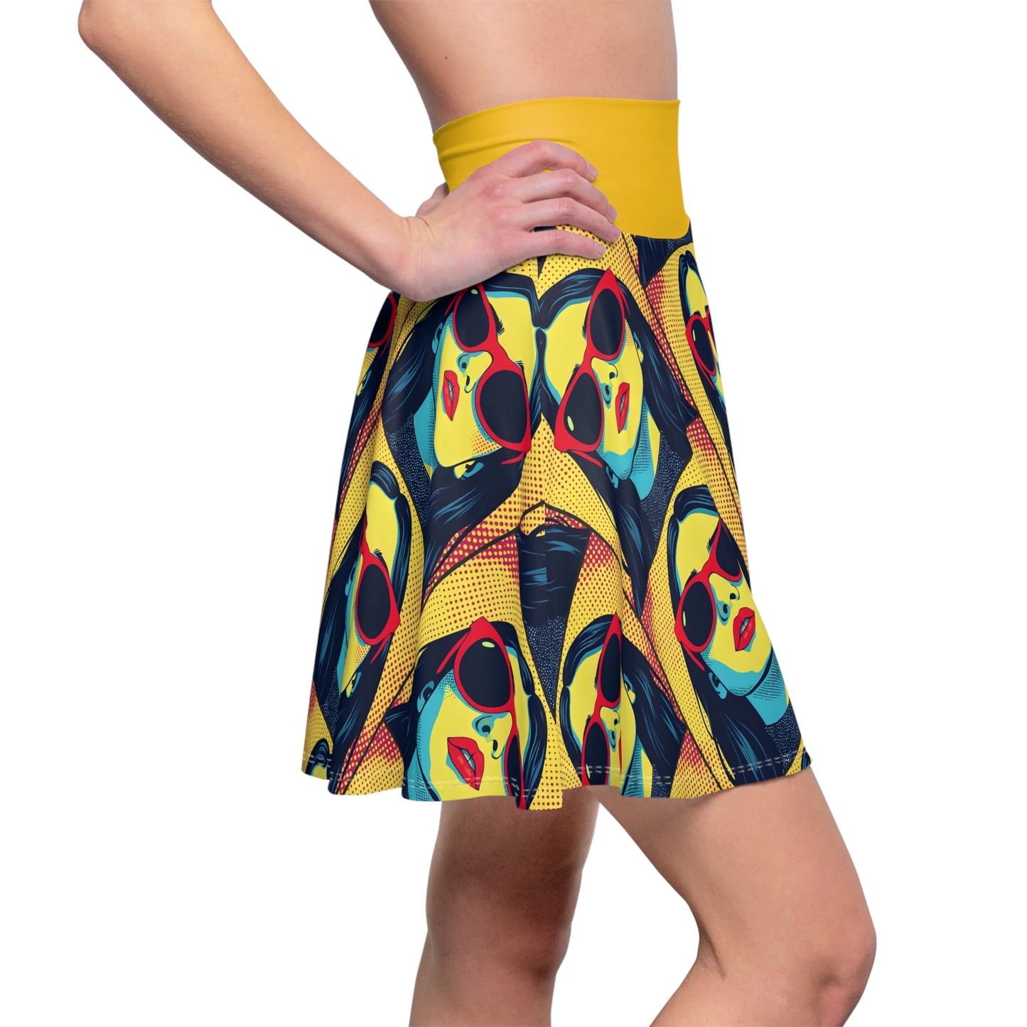 Pop art skirt with 1960s halftone portrait - side view showing flared silhouette