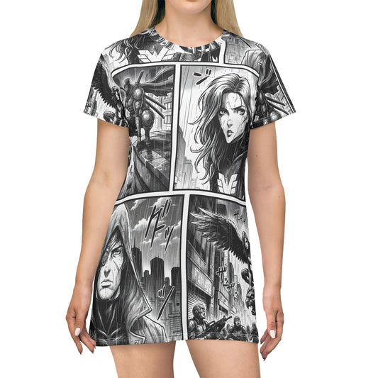 T-shirt dress with manga comic book-style graphics on a white background