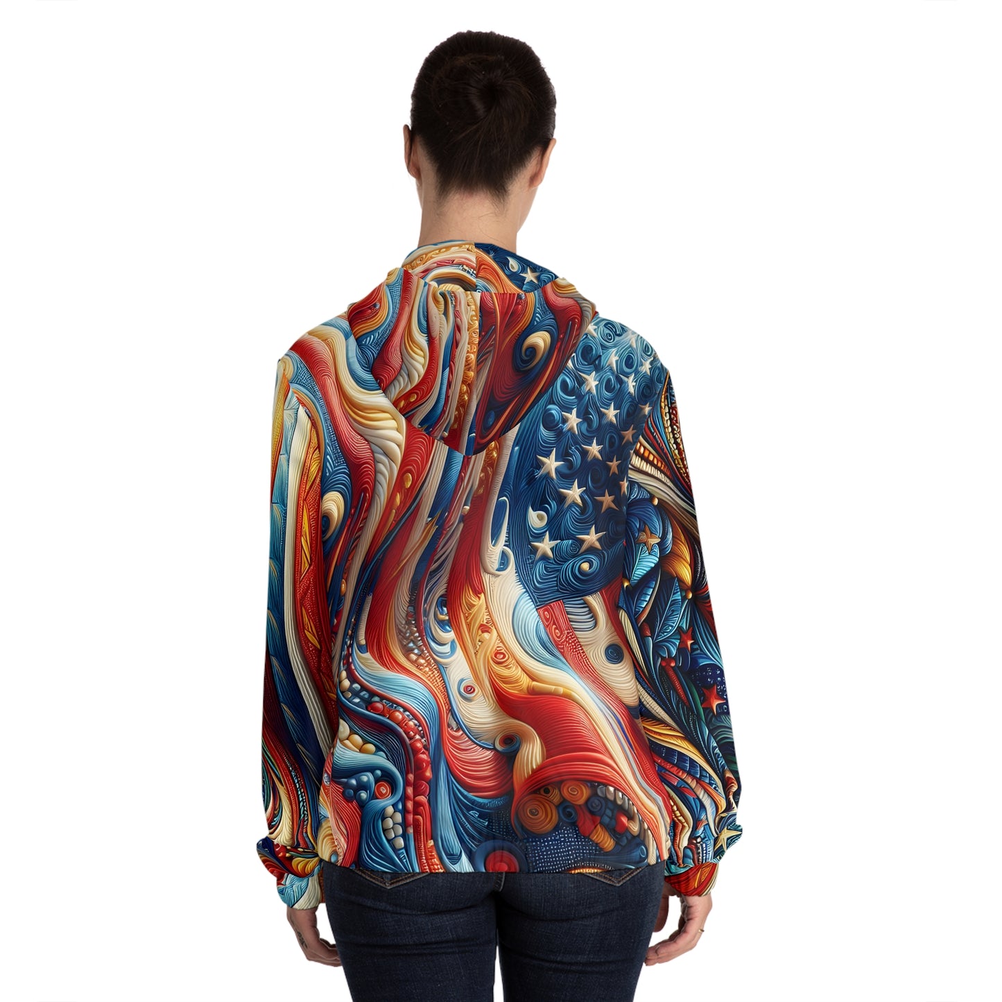 Women’s Patriotic and Surreal USA Flag Full-Zip Hoodie.