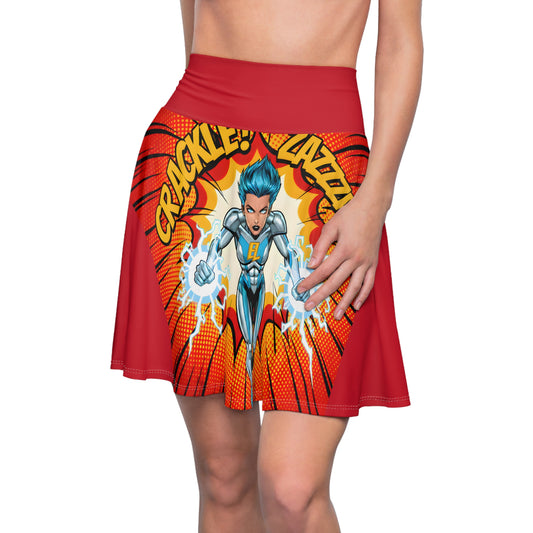 Red skirt with superhero design and 'Crackle!' text on a white background.Front view