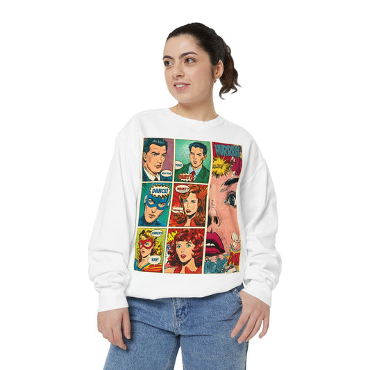 Person wearing a white sweatshirt with comic book character design on a white background