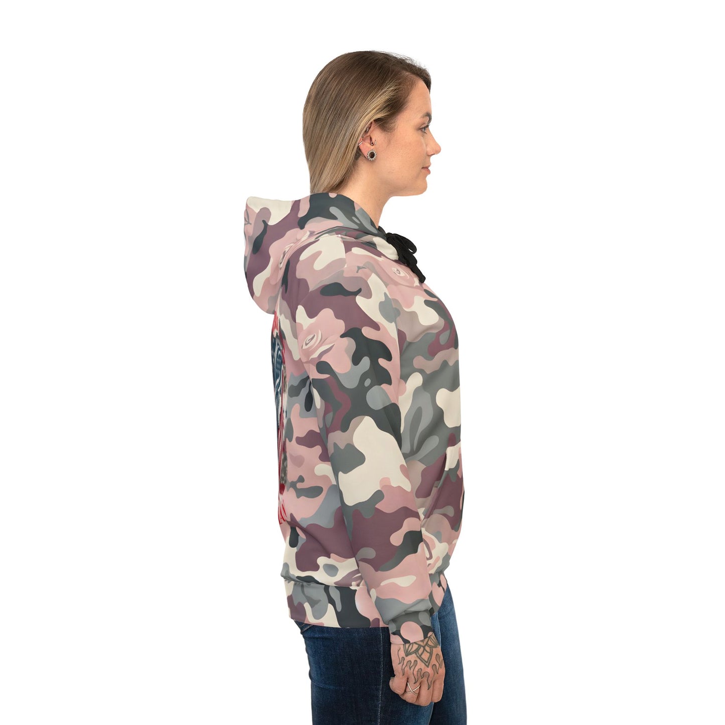 American Woman Hoodie – Camo Style with Back Graphic.