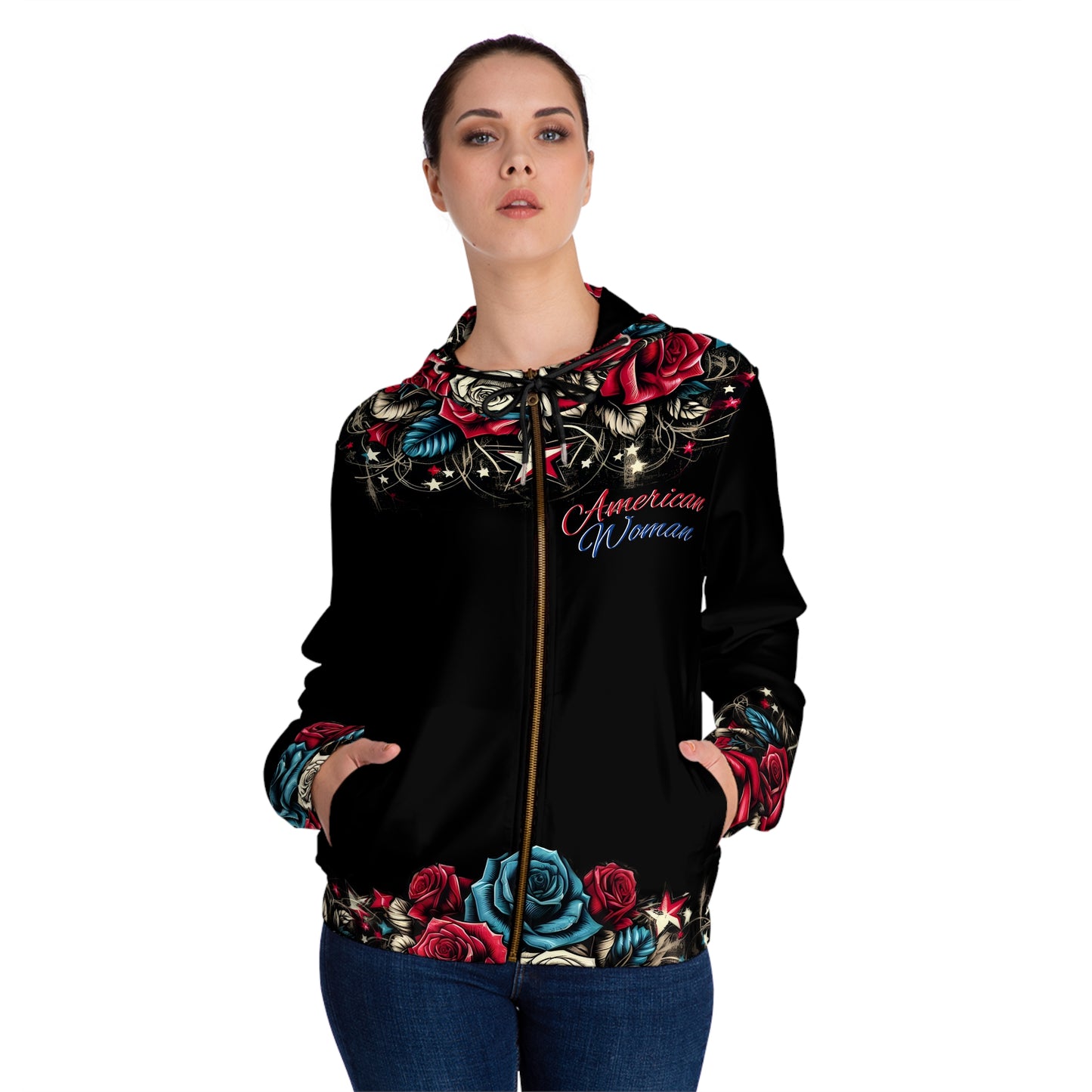 Patriotic Floral, American Woman Full-Zip Hoodie.