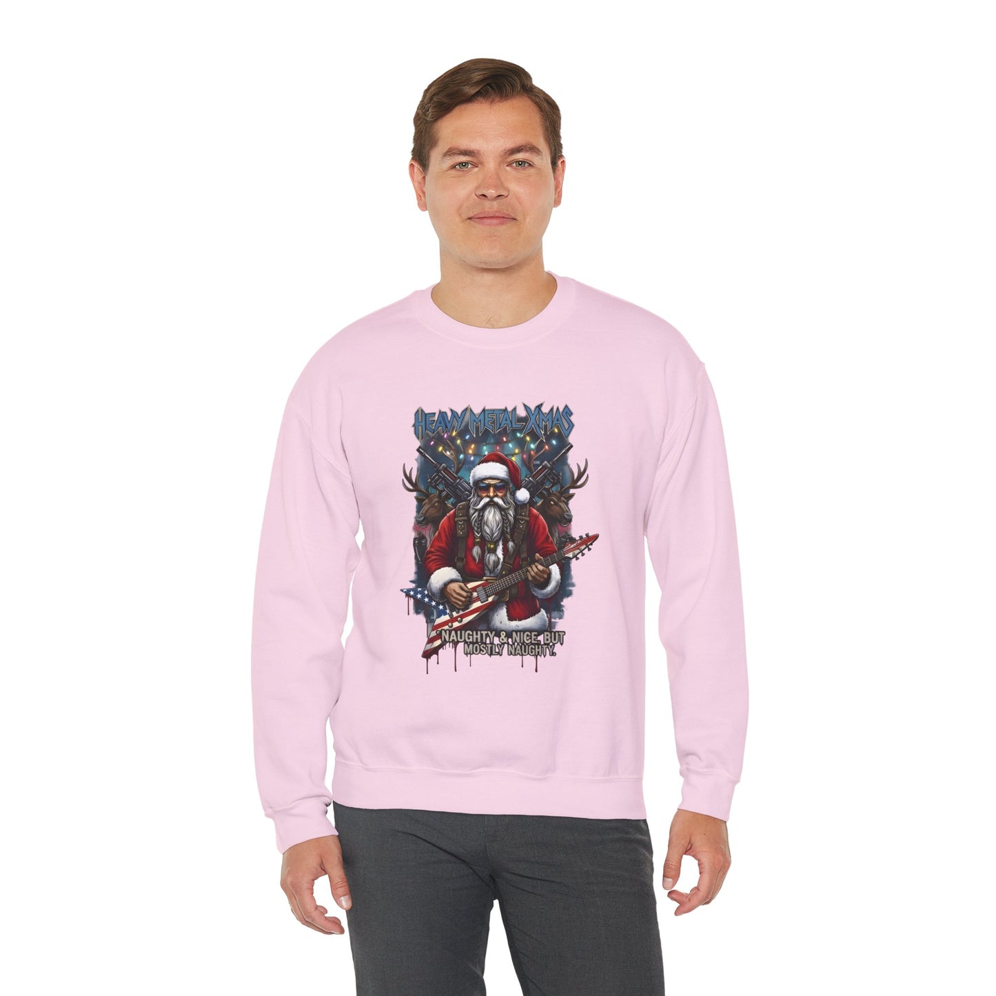 Pink sweatshirt naughty and nice Santa Claus guitar text heavy metal xmas.