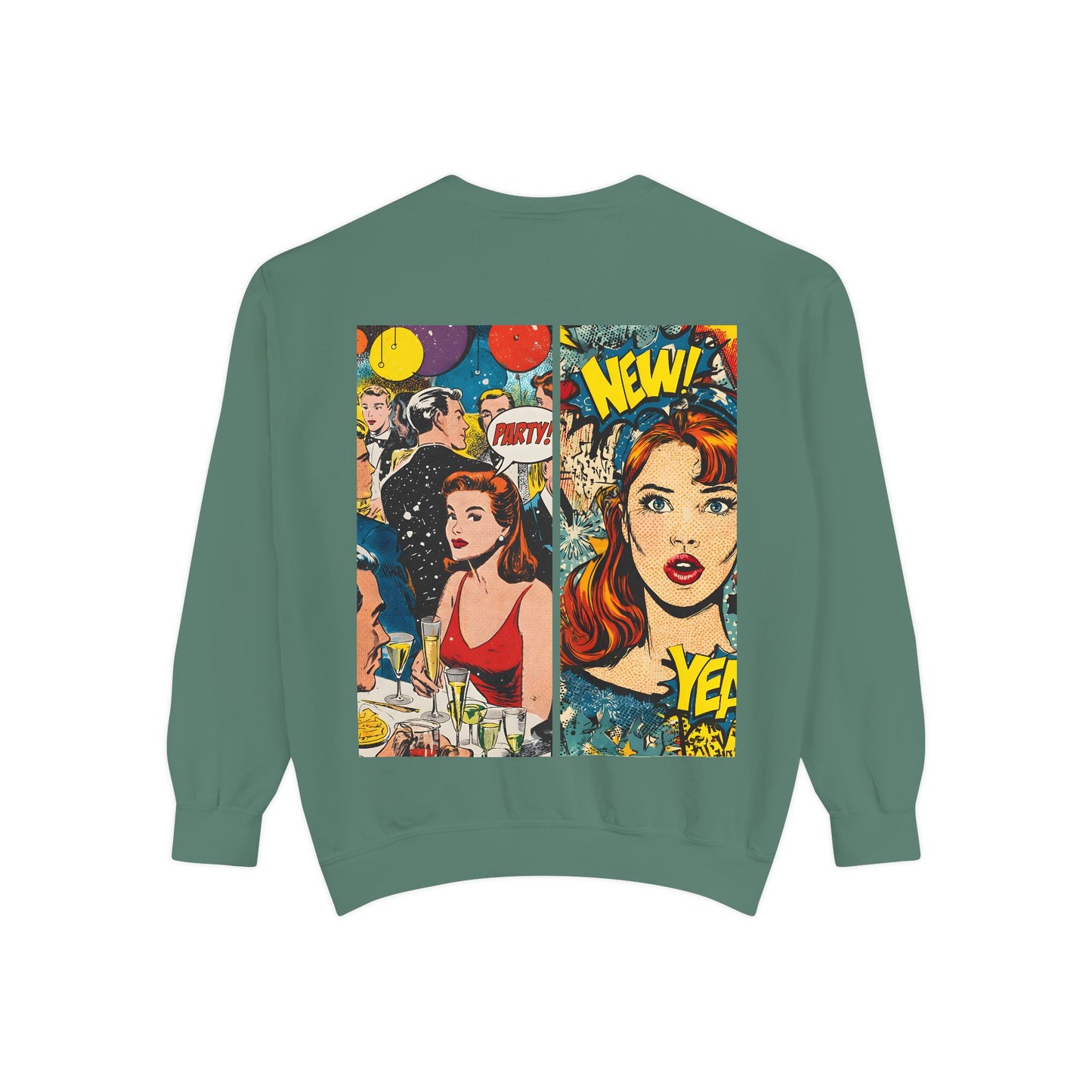 Comic Pop Art Sweatshirt — Retro Romance and Party Panels Graphic Pullover