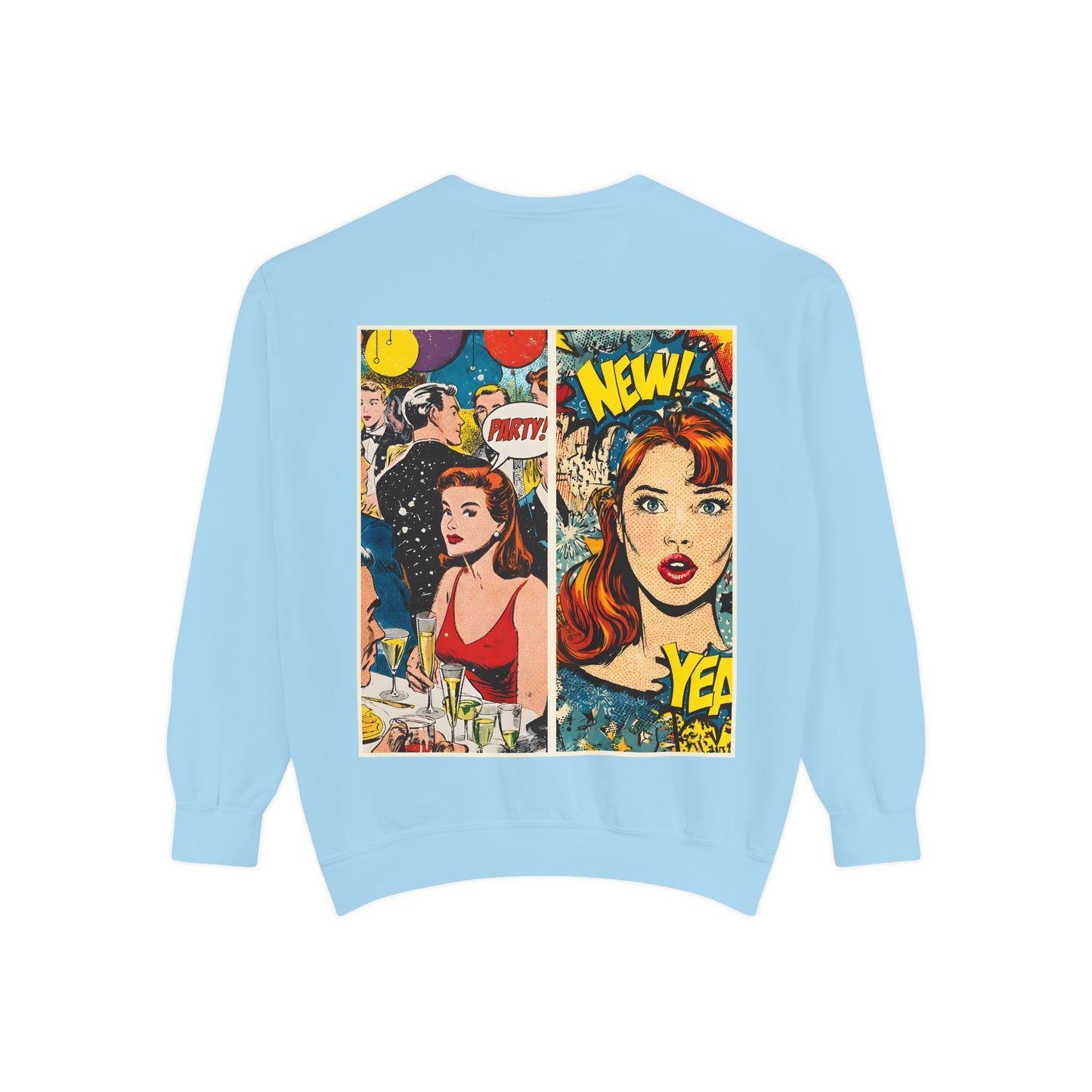 Light blue sweatshirt with comic book-style graphics on a white background.Back view 