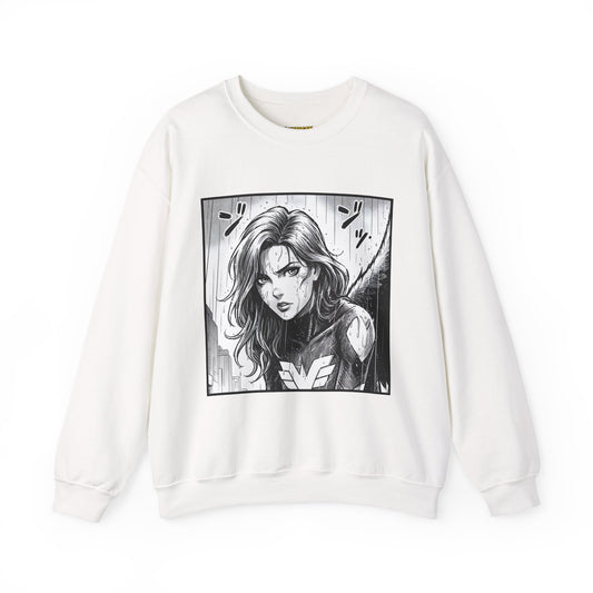 White sweatshirt with a comic graphic of a woman with long hair and a logo on a white background