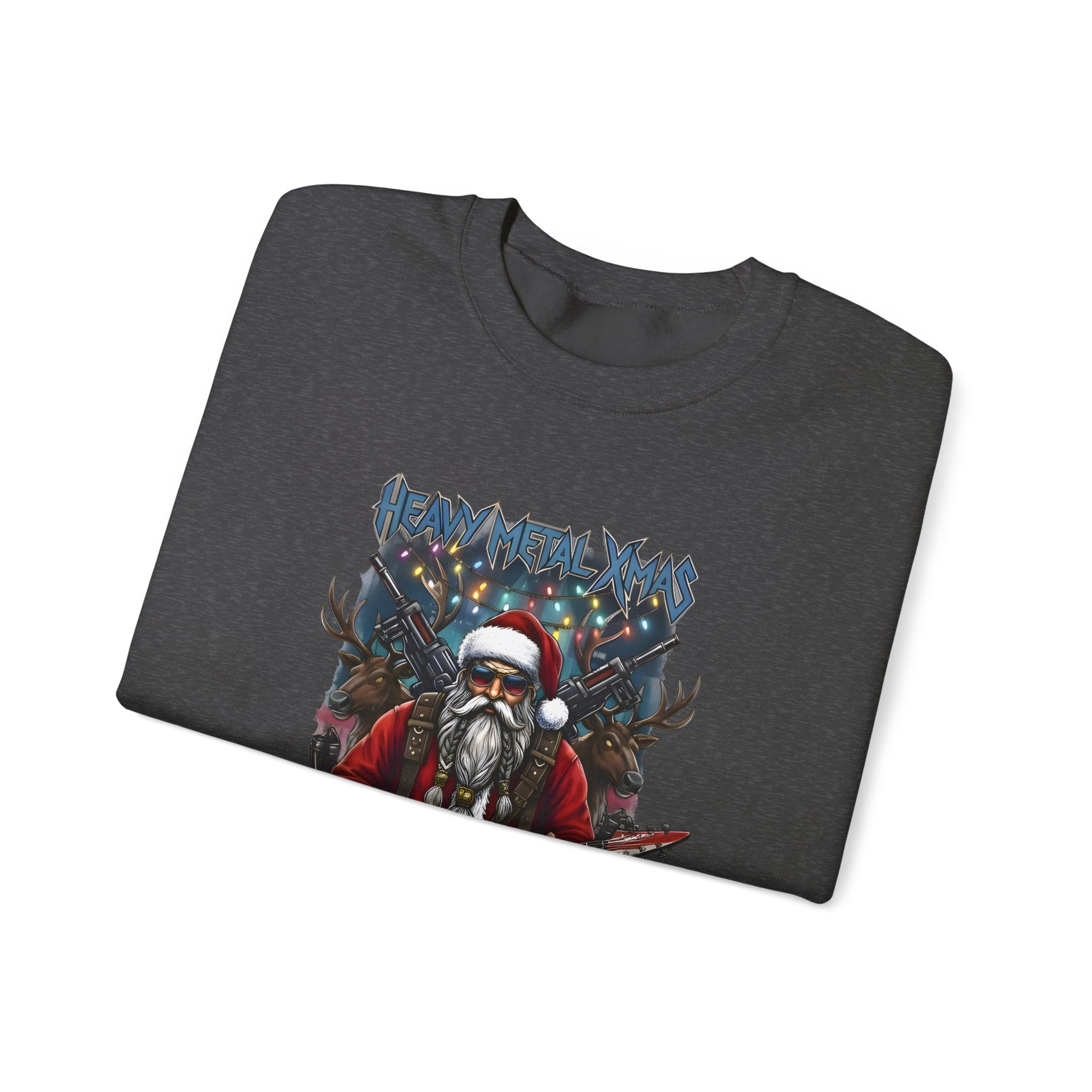 Folded dark gray sweatshirt with 'Heavy Metal Christmas'  Santa Claus guns  and reindeer 