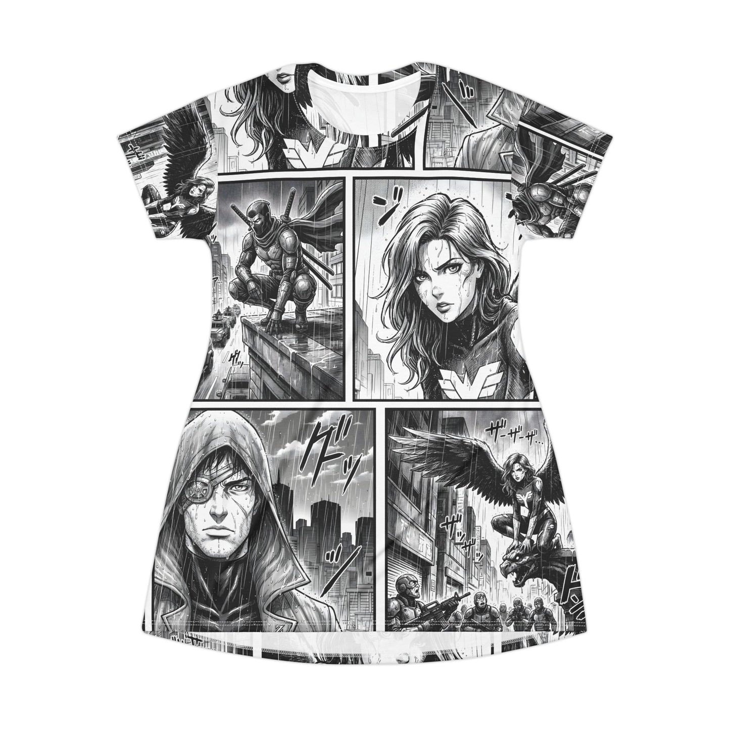 Dress with comic book-style superhero graphics on a white background