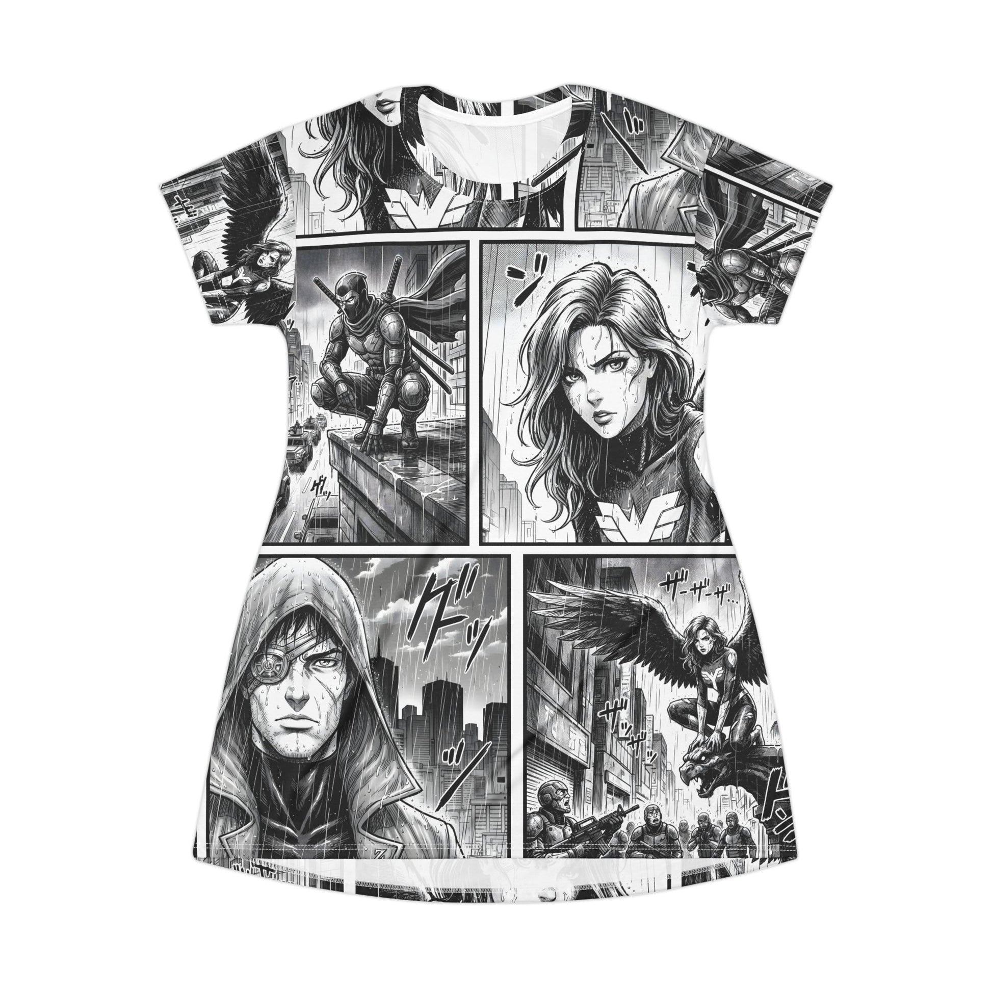 Dress with comic book-style superhero graphics on a white background
