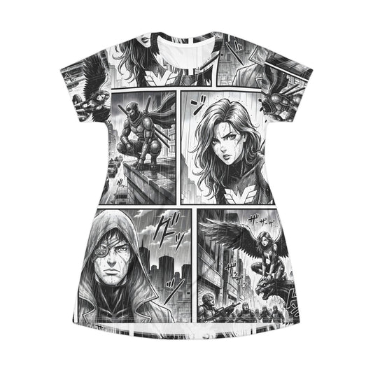 Dress with comic book-style superhero graphics on a white background