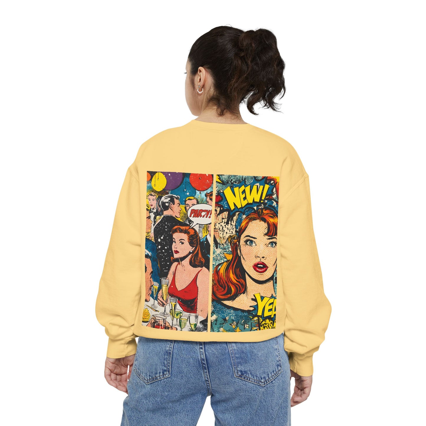 Comic Pop Art Sweatshirt — Retro Romance and Party Panels Graphic Pullover
