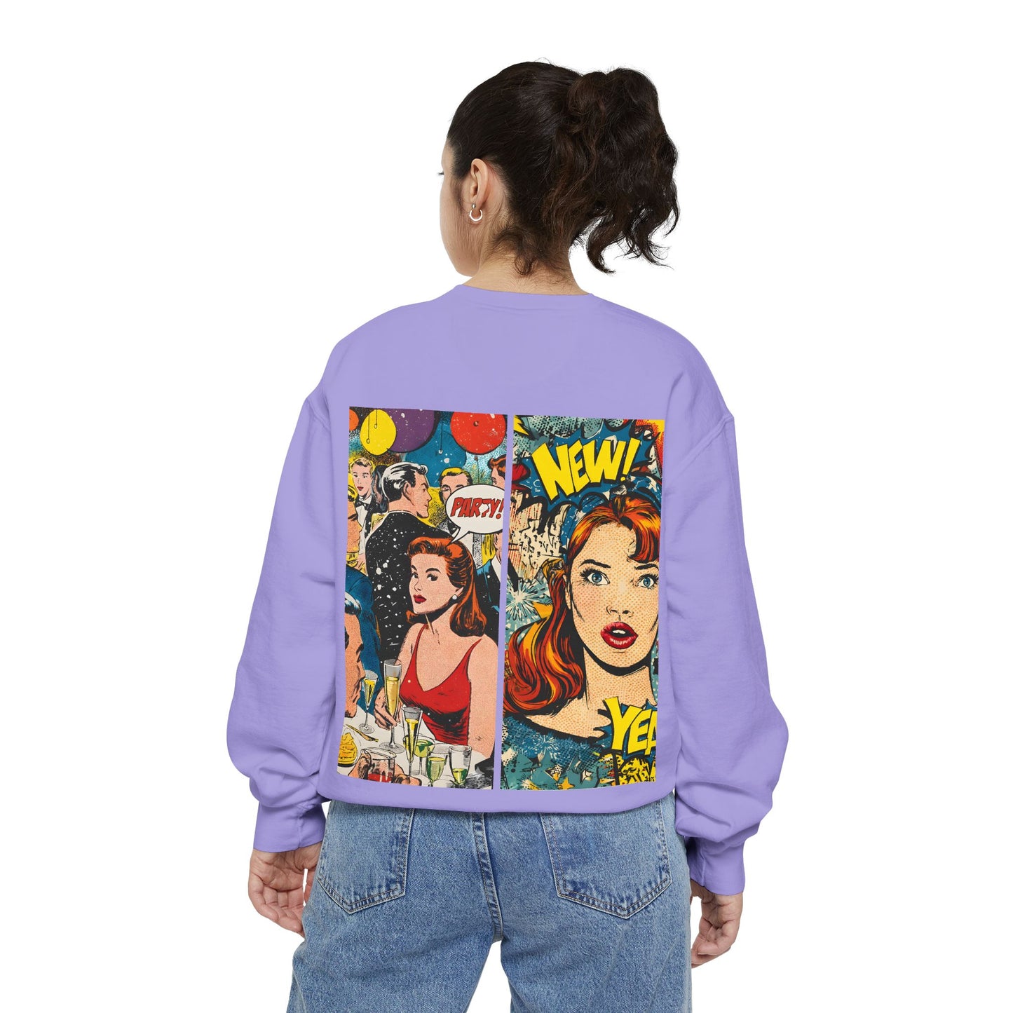 Comic Pop Art Sweatshirt — Retro Romance and Party Panels Graphic Pullover