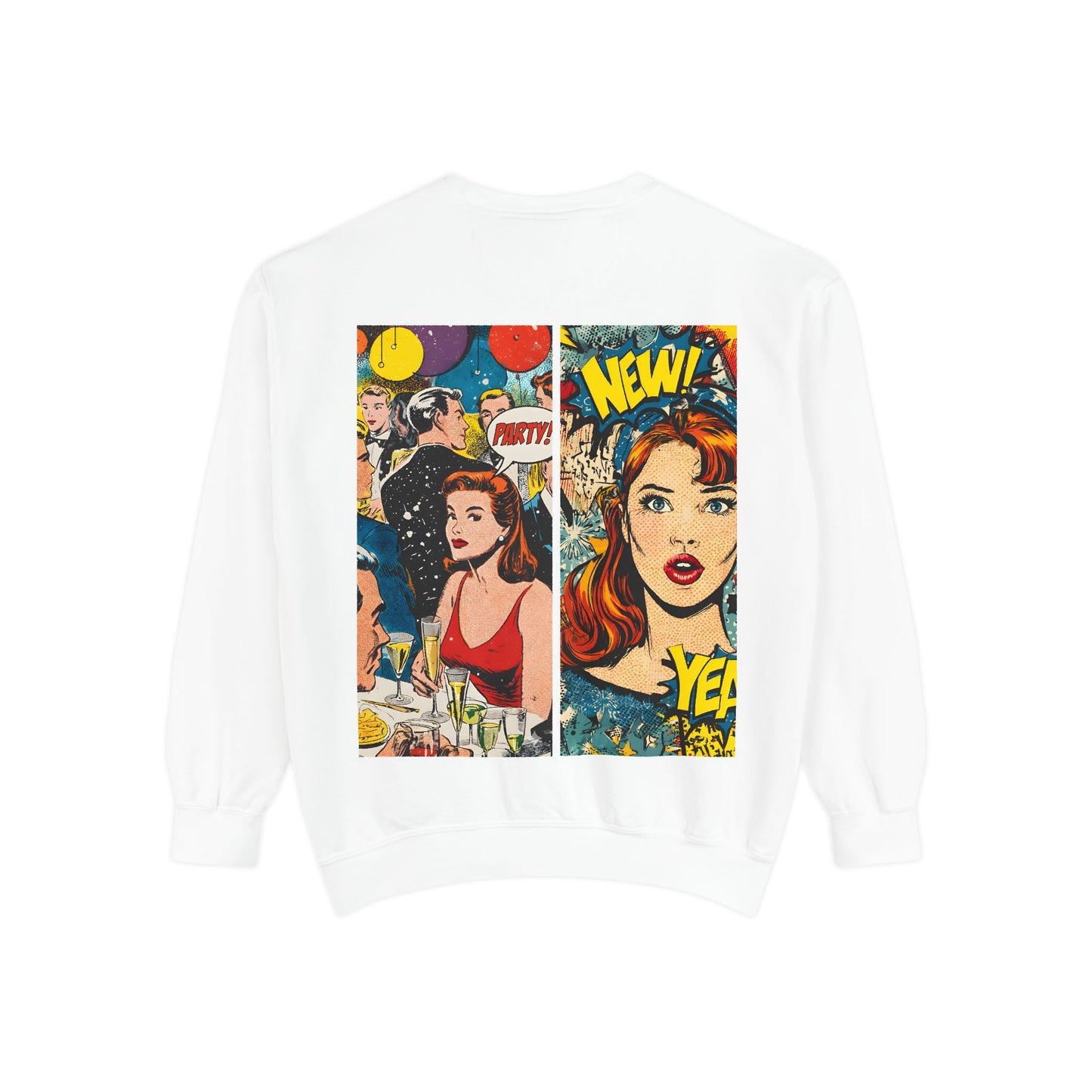 Comic Pop Art Sweatshirt — Retro Romance and Party Panels Graphic Pullover