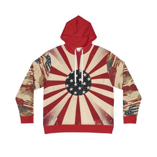 Hoodie with Rising Sun American Flag Design and Camo Sleeves.