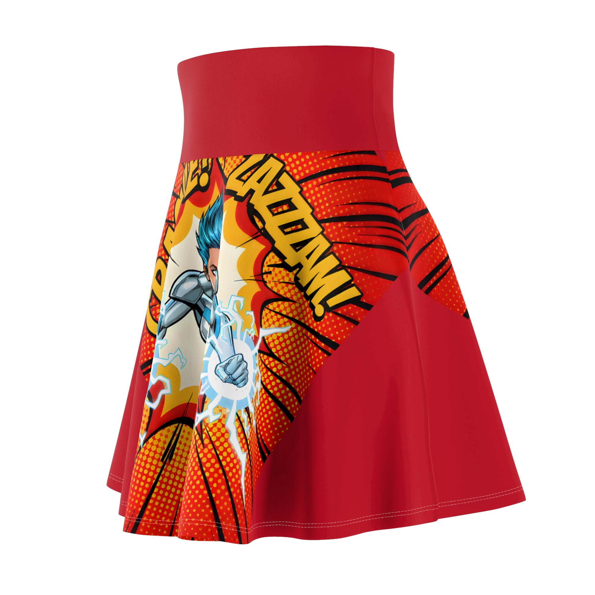 Red skirt with superhero graphic design on a white background