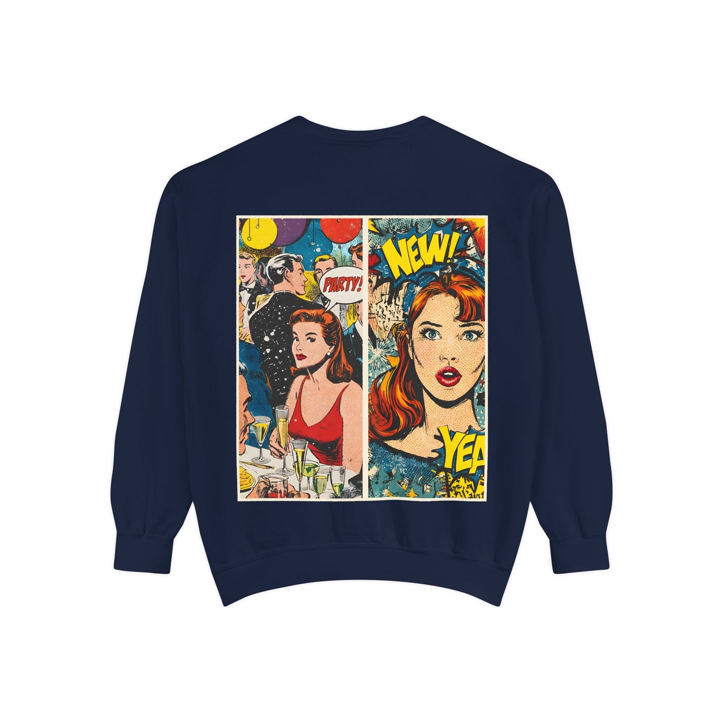 Navy blue sweatshirt with a colorful comic graphic design on the back featuring two women and text.