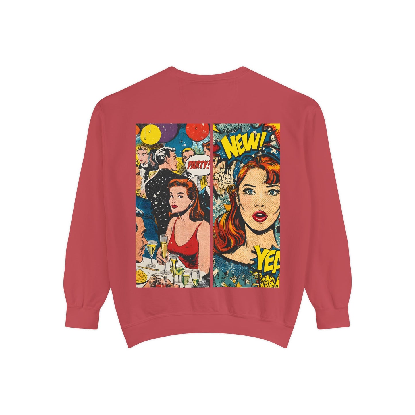 Comic Pop Art Sweatshirt — Retro Romance and Party Panels Graphic Pullover