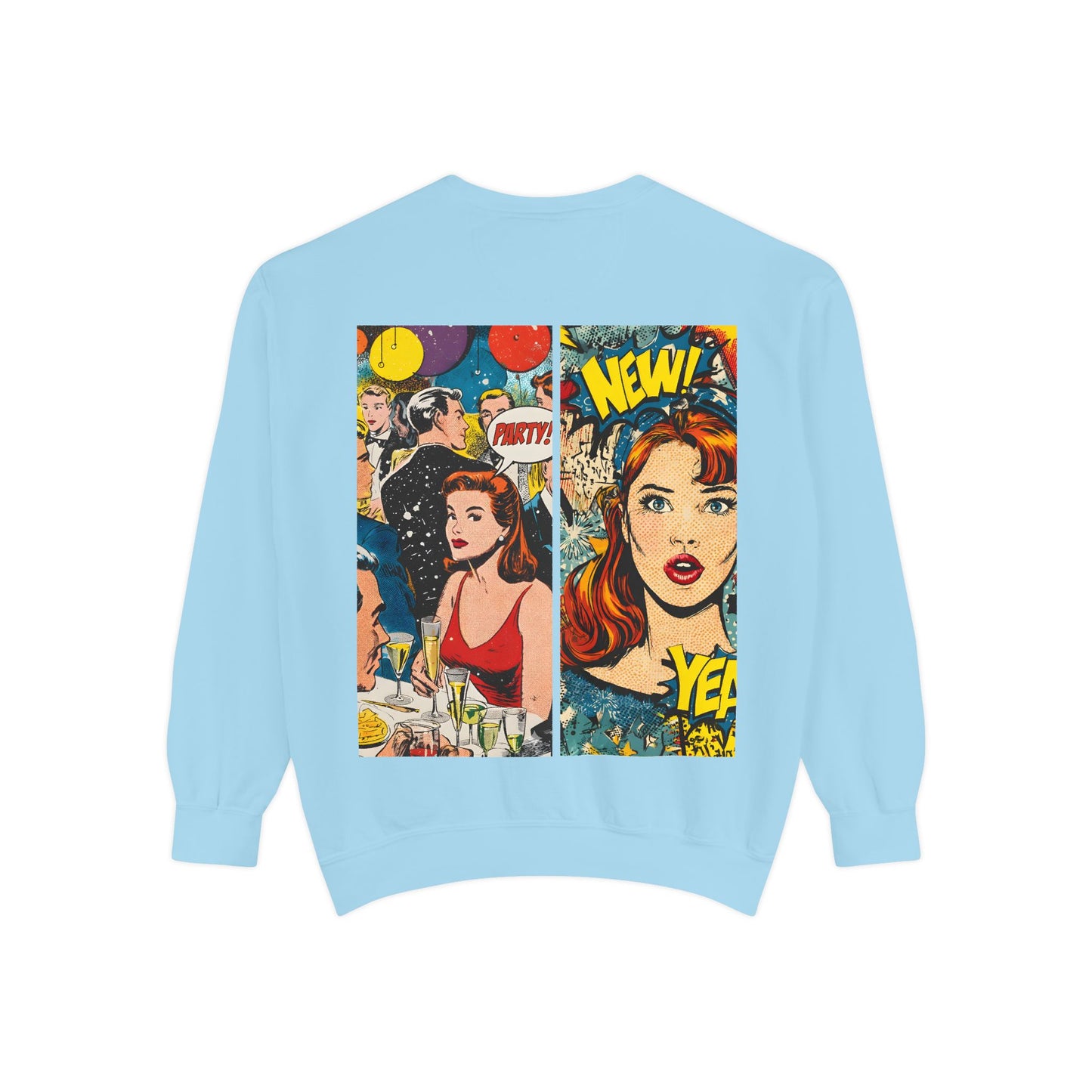 Comic Pop Art Sweatshirt — Retro Romance and Party Panels Graphic Pullover