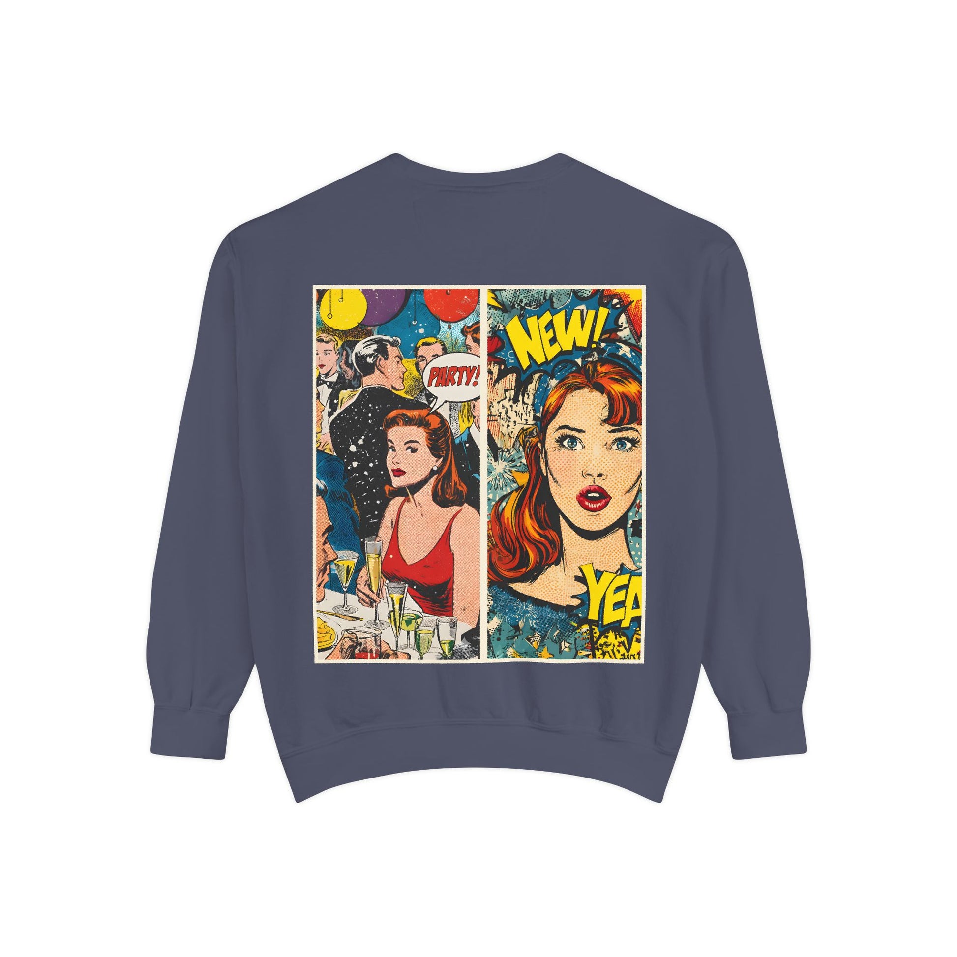 Denim sweatshirt with a colorful comic graphic of two women on the back.