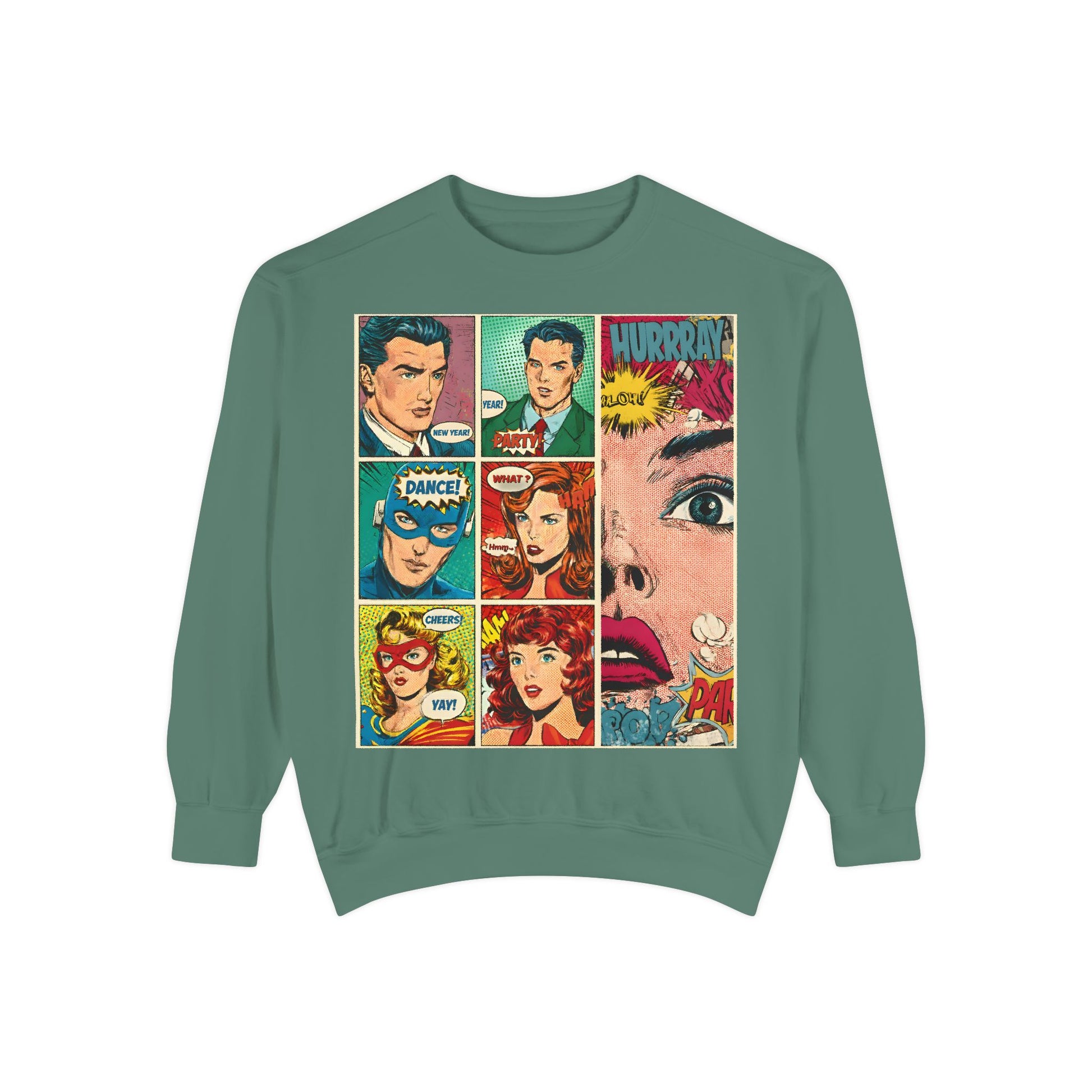 Green sweatshirt with comic book character design on a white background