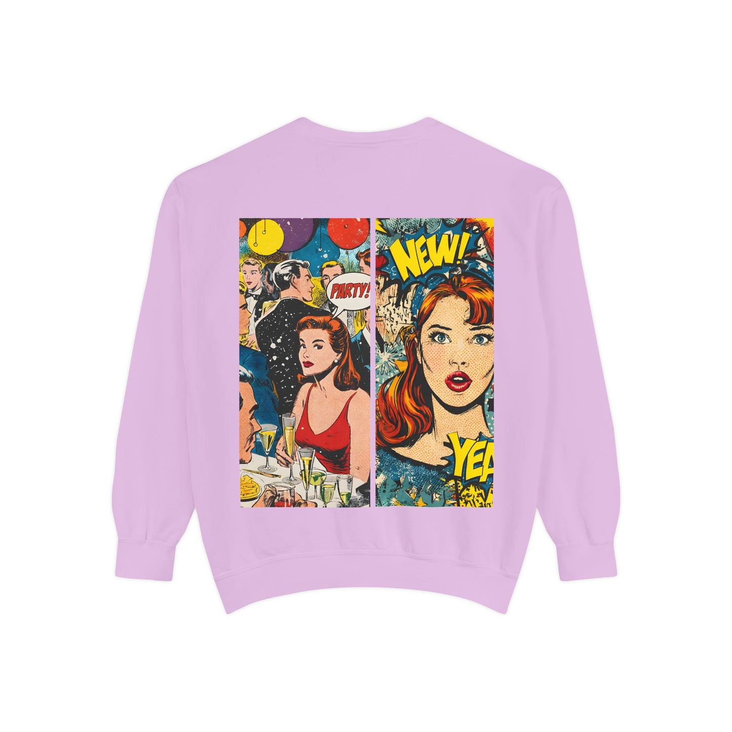 Comic Pop Art Sweatshirt — Retro Romance and Party Panels Graphic Pullover