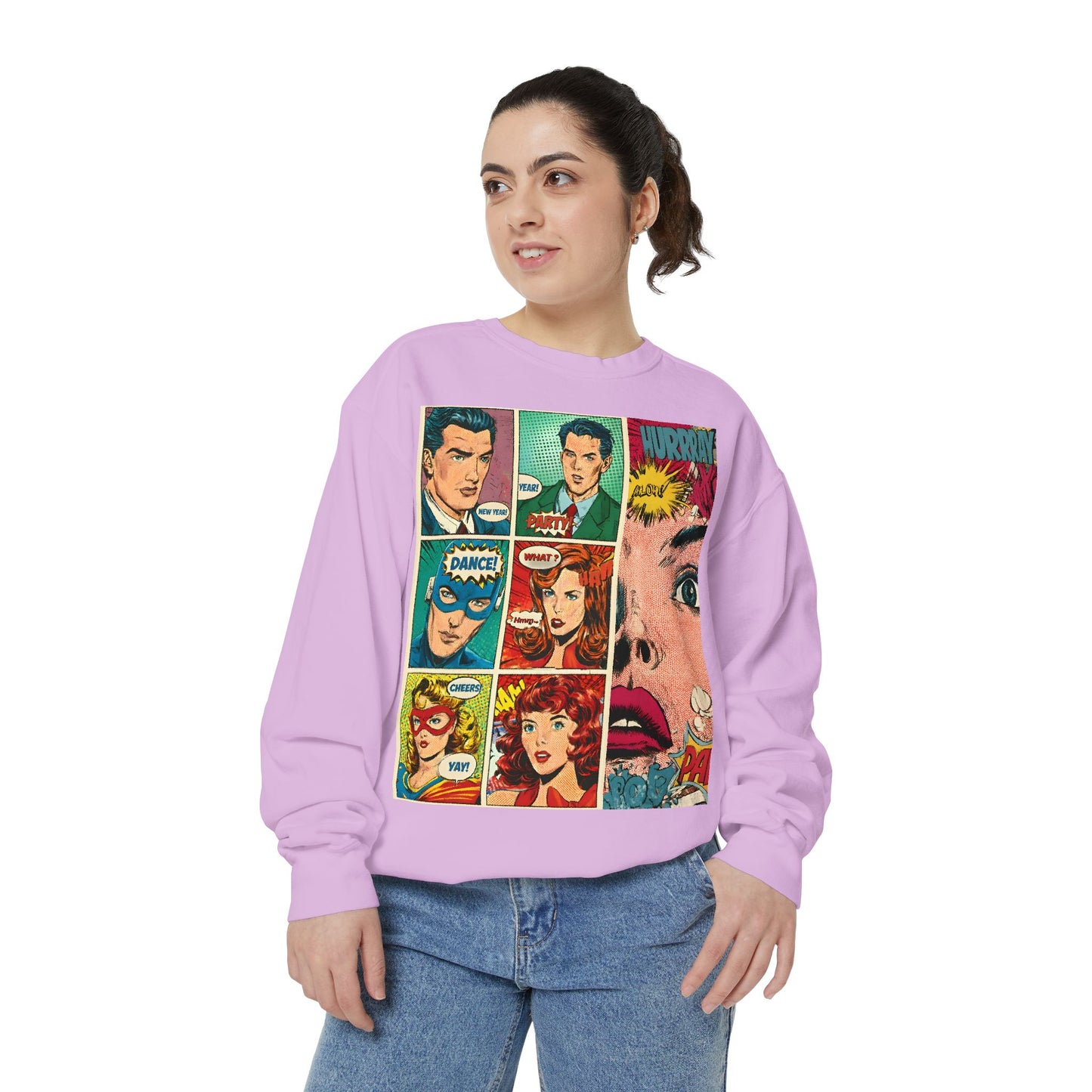Comic Pop Art Sweatshirt — Retro Romance and Party Panels Graphic Pullover