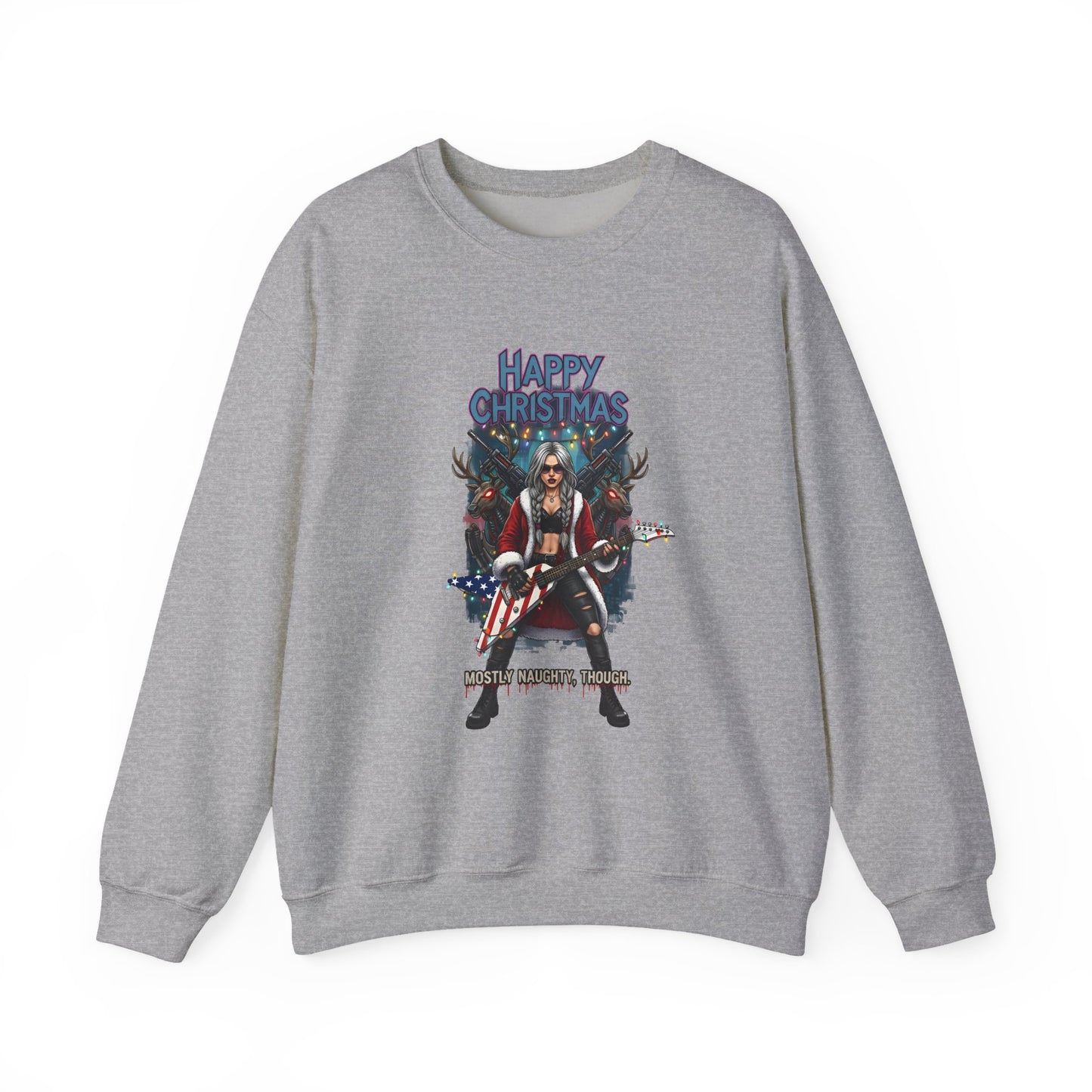 Gray sweatshirt Santa Claus American guitar Happy Christmas' text 