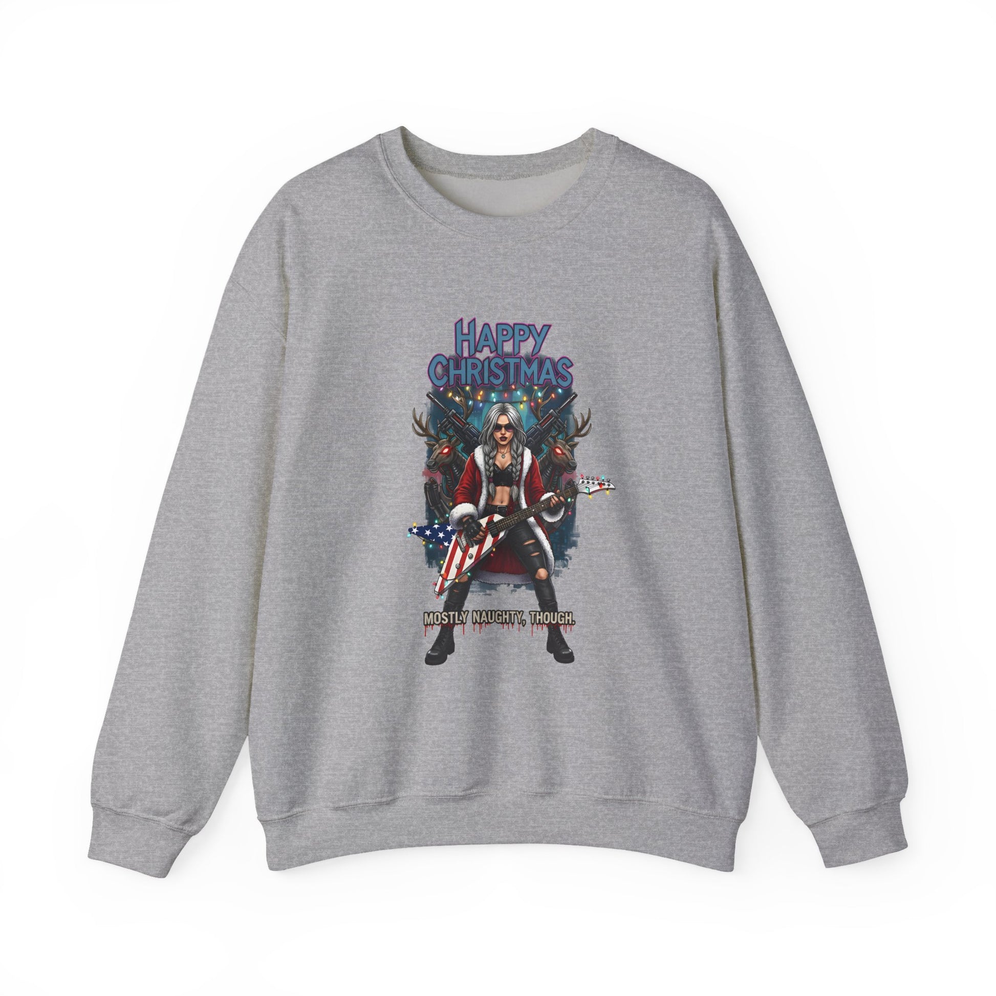 Gray sweatshirt Santa Claus American guitar Happy Christmas' text 