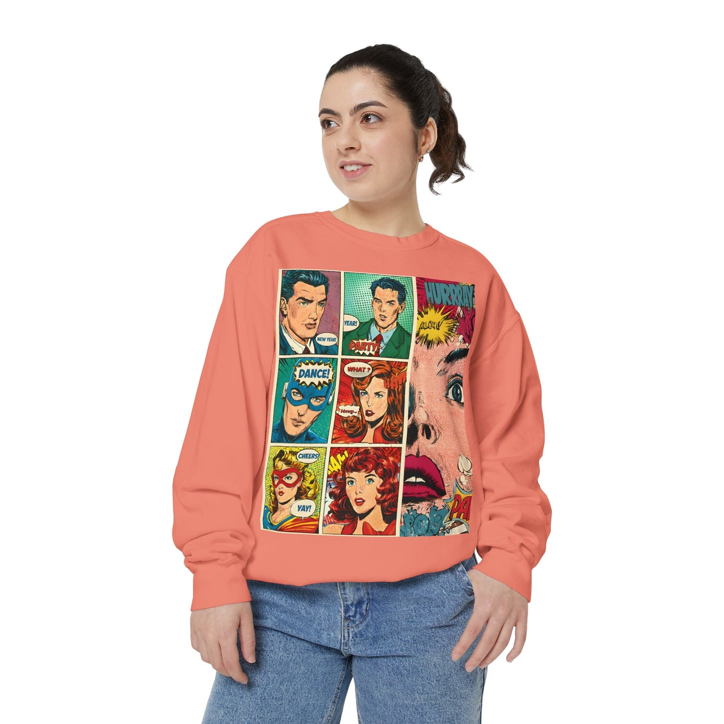 Comic Pop Art Sweatshirt — Retro Romance and Party Panels Graphic Pullover