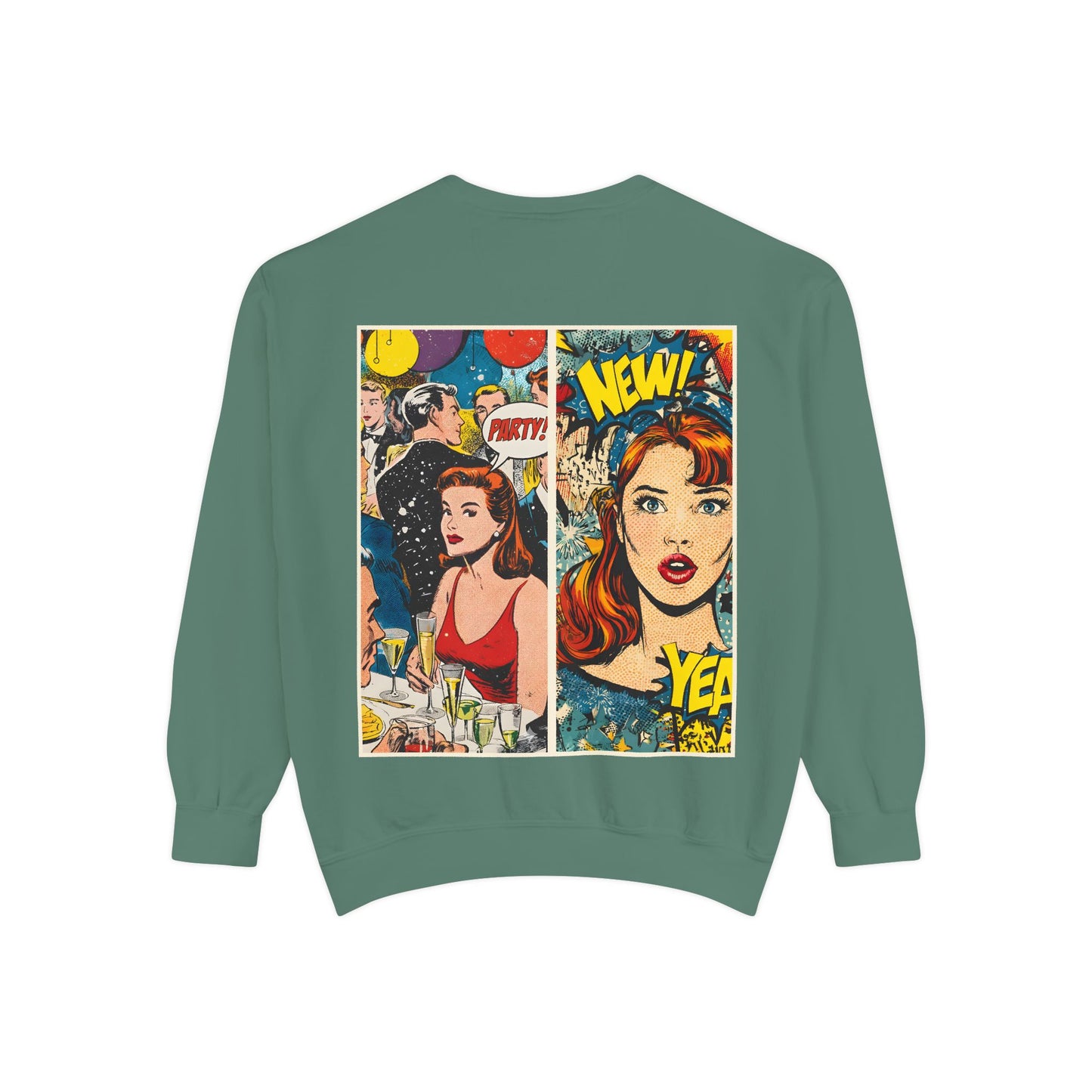 Green sweatshirt with a comic book-style design on the back