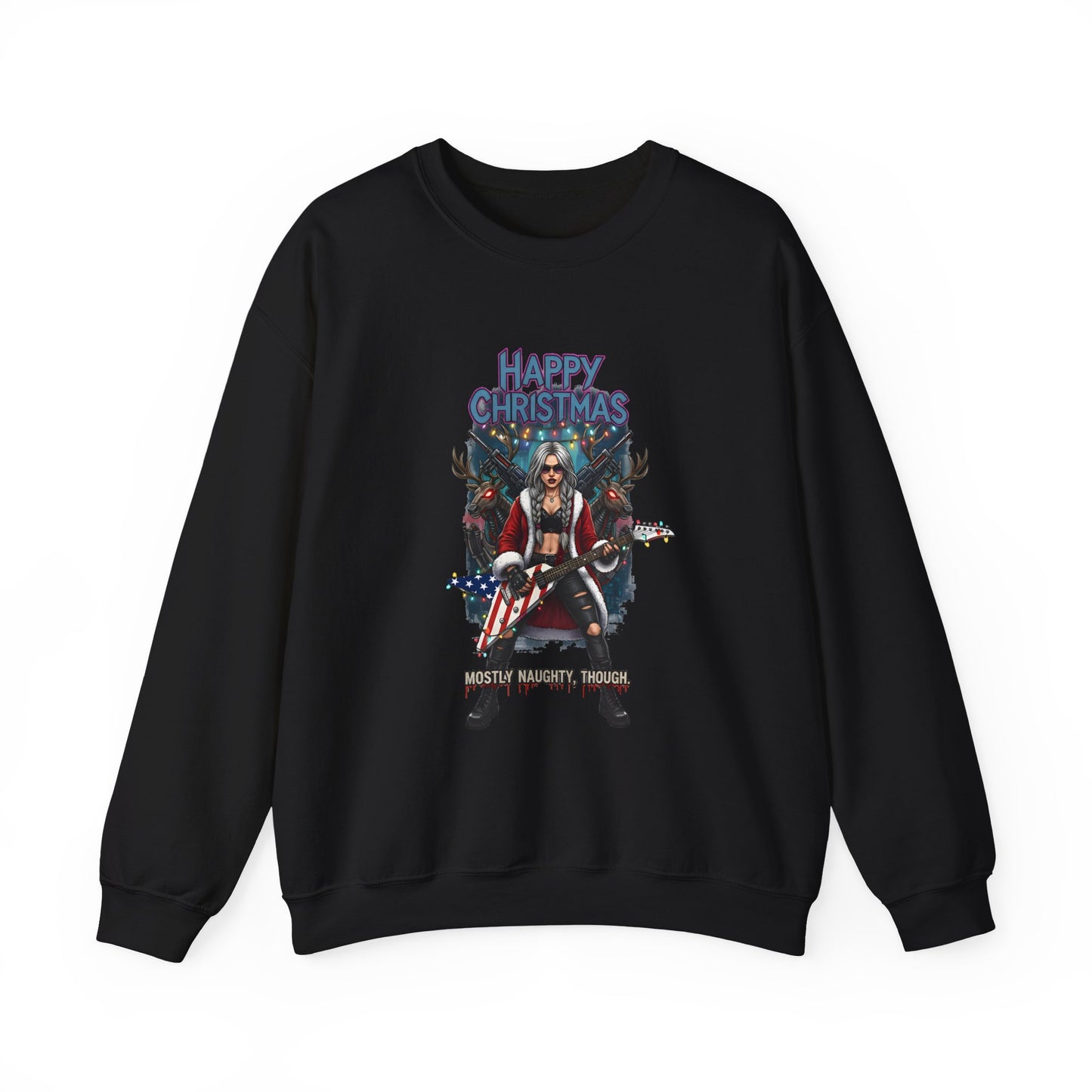 Black sweatshirt Santa Claus  guitar and text 'Happy Christmas Most Naughty Though' 