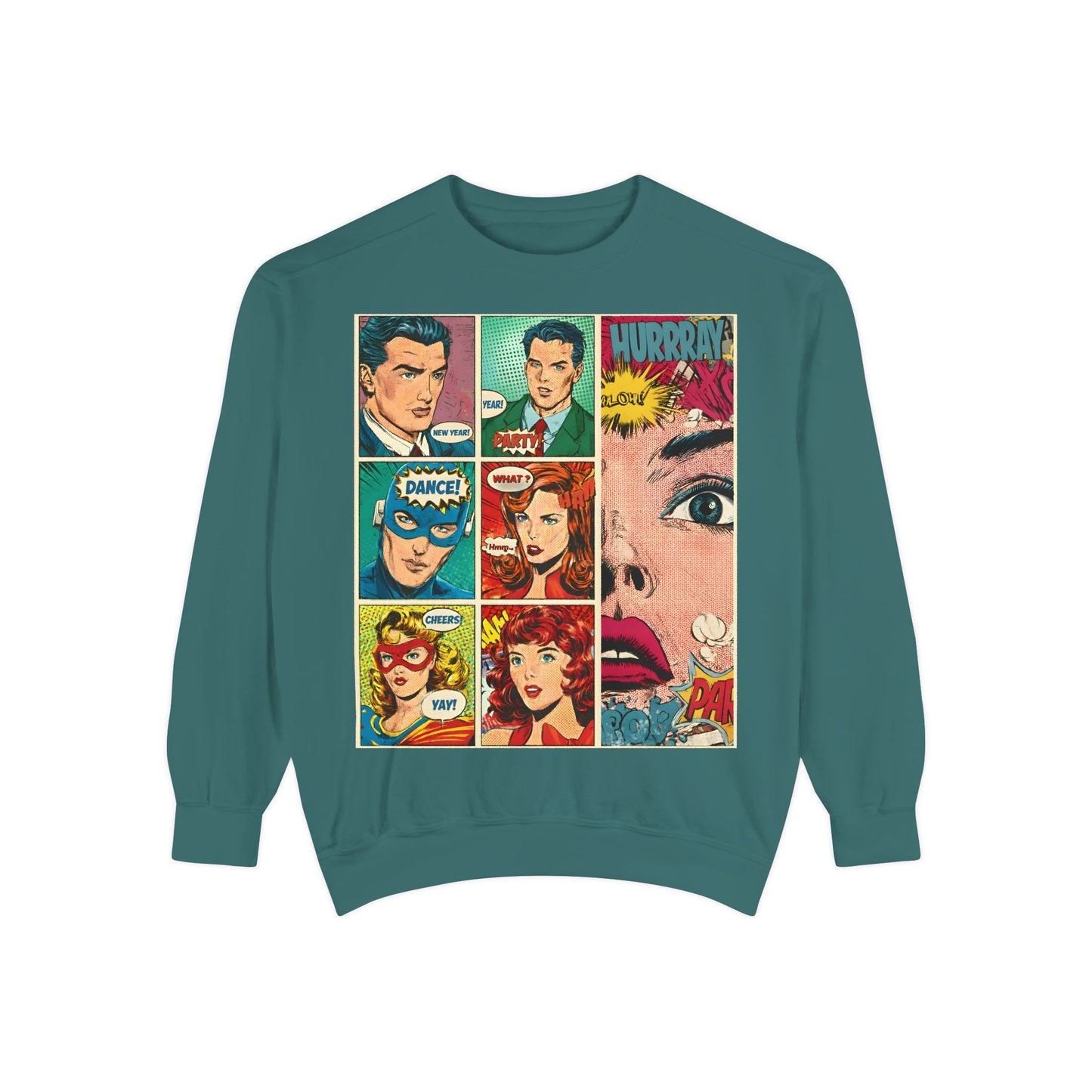Teal sweatshirt with comic book-style graphics on a white background
