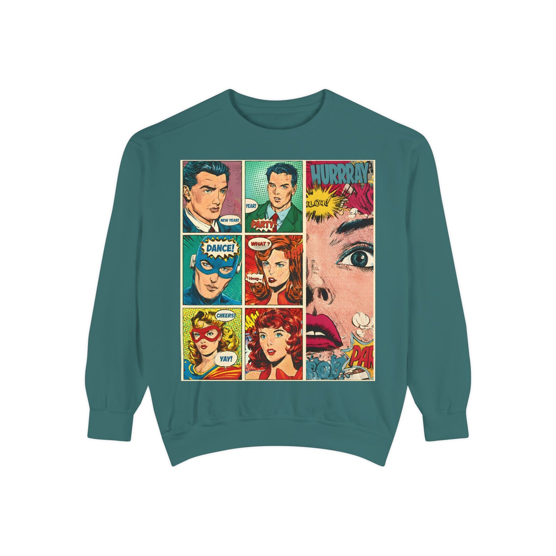 Teal sweatshirt with comic book-style graphics on a white background