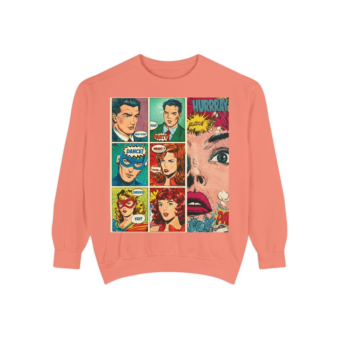 Comic Pop Art Sweatshirt — Retro Romance and Party Panels Graphic Pullover