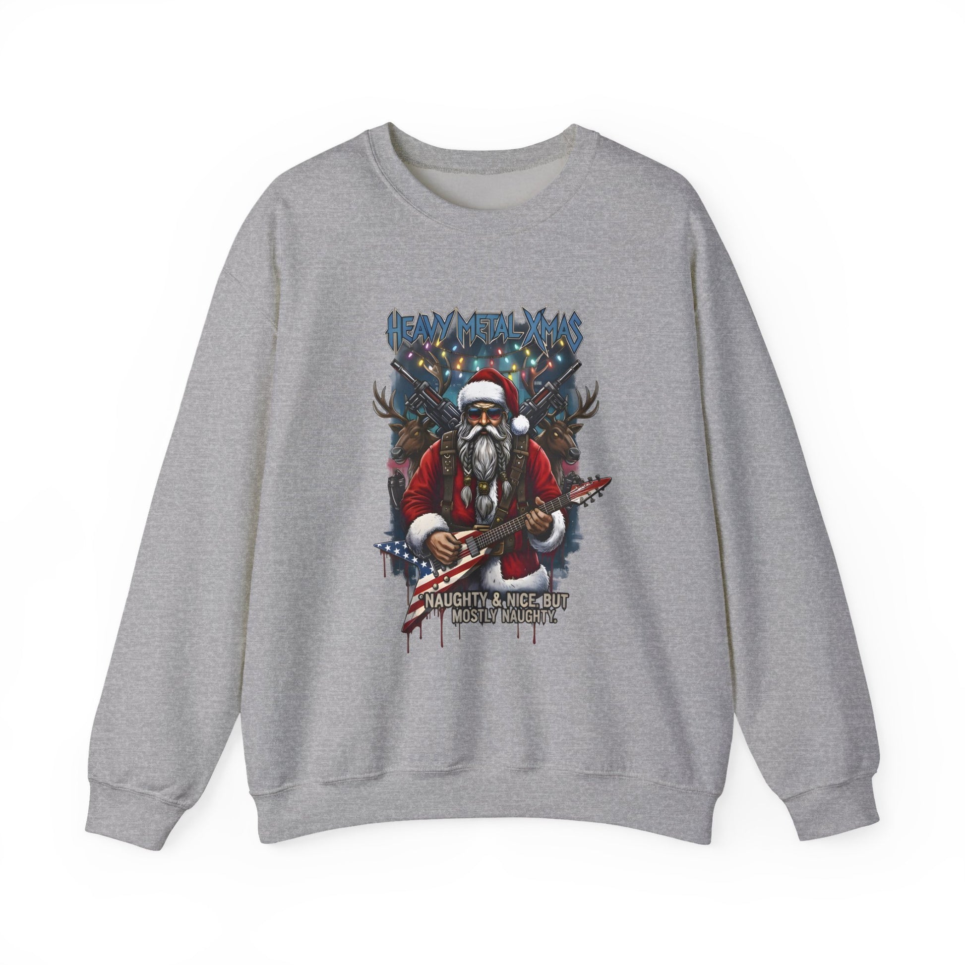 Grey Rock n Roll Santa sweatshirt guitar reindeer graphic