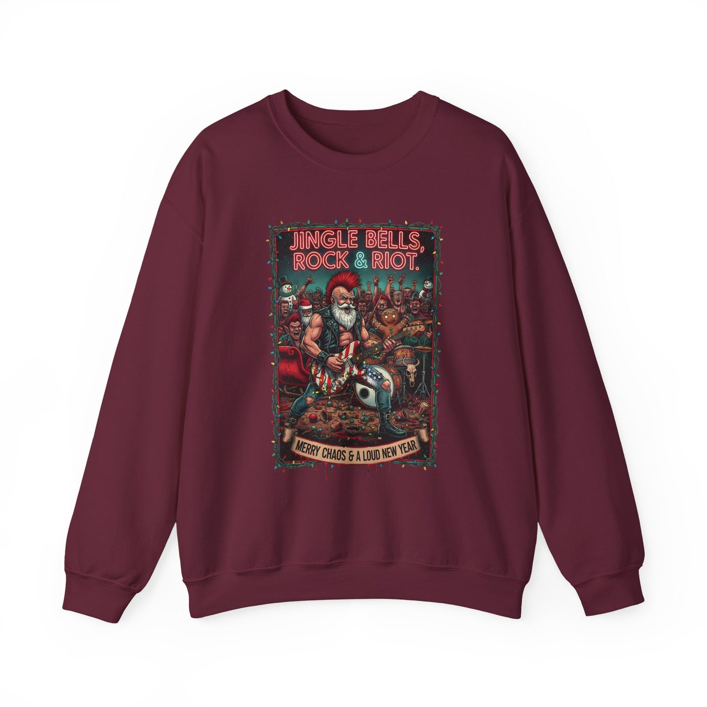 Maroon Rock & Riot Christmas sweatshirt with Santa design