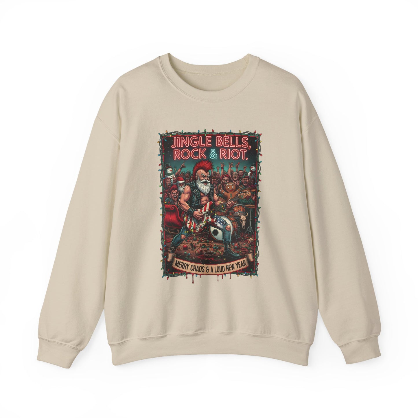 Beige Rock & Riot Christmas crewneck front view