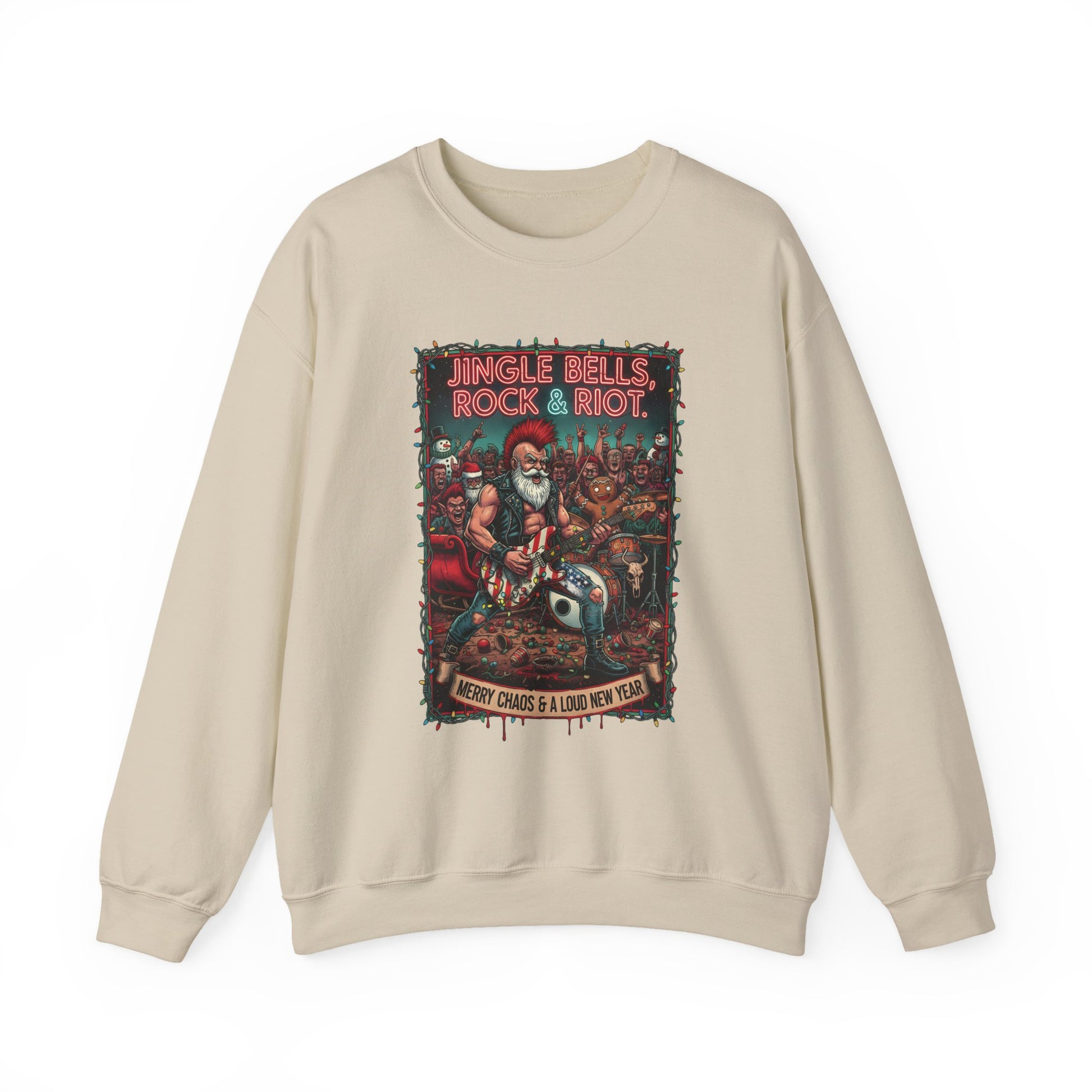 Beige Rock & Riot Christmas crewneck front view